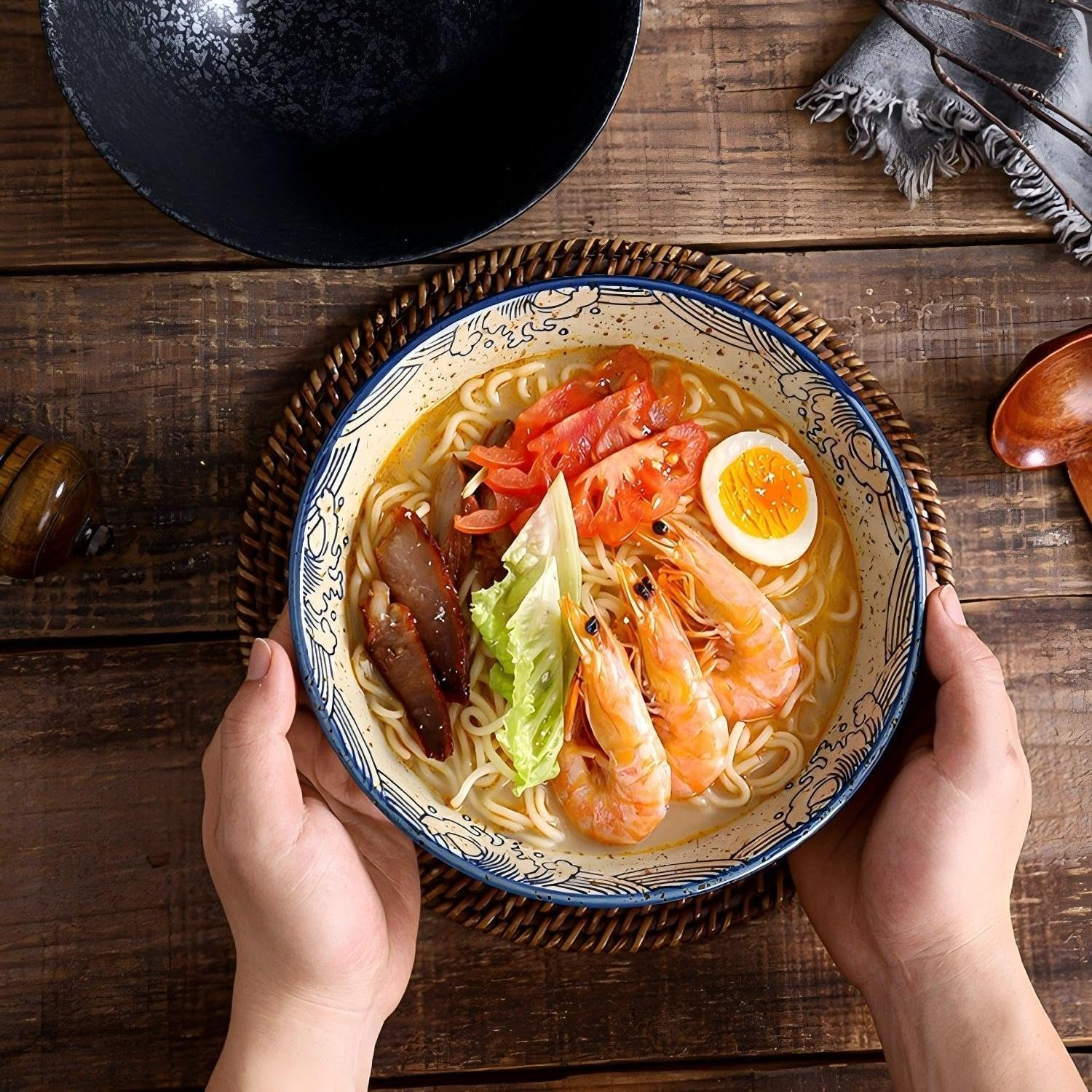 Ramen Ceramic Bowl Set, 2 X 1200 Ml Japanese Tableware with Chopsticks and Spoon, Premium Large Pasta Bowls, Soup Bowls, Salad Bowls for Pho Ramen image number 3