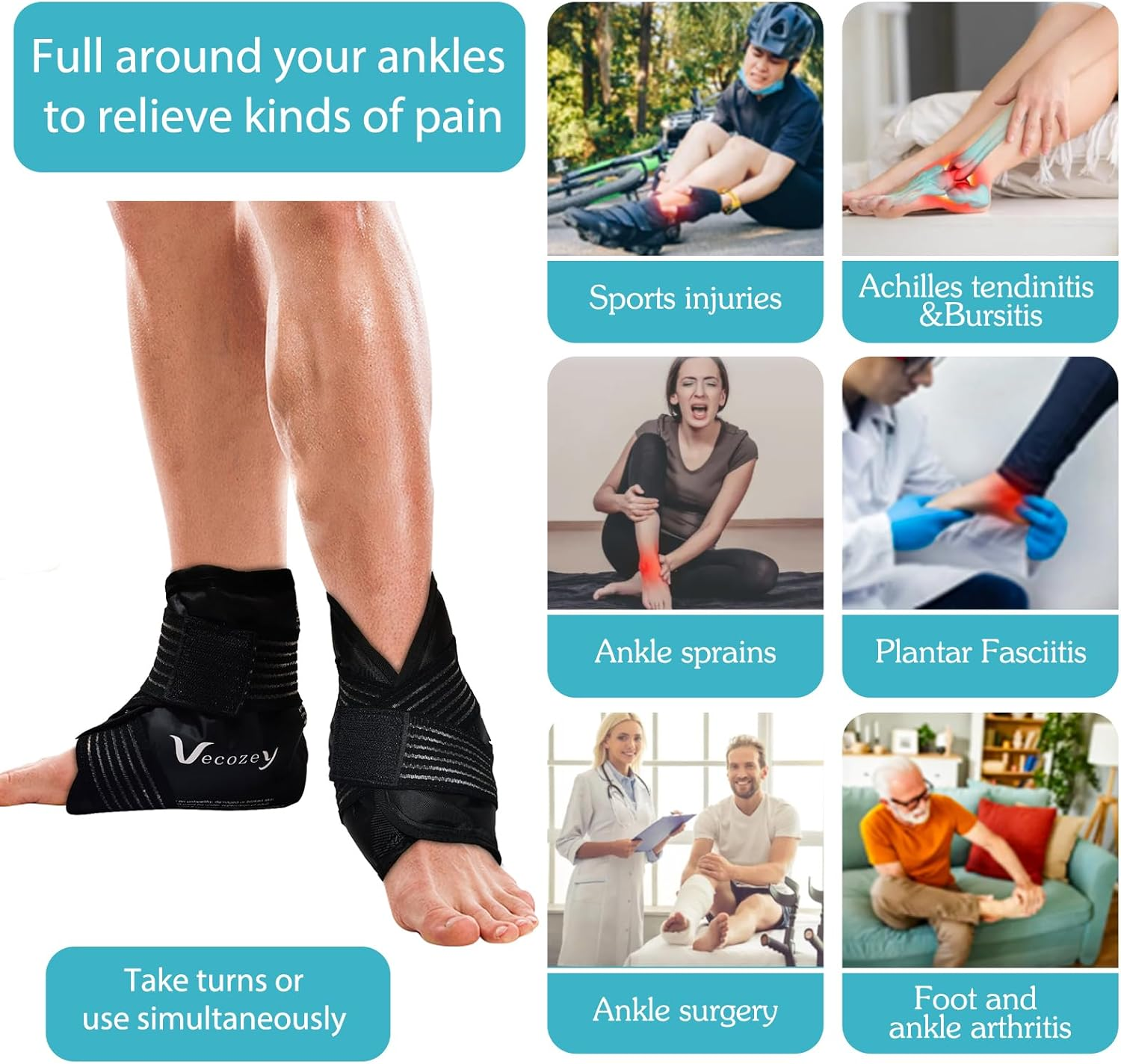 Vecozey Reusable Gel Ice Packs for Ankles and Heels Injuries, 2Pcs Ankle Ice Pack Wrap for Swelling, Plantar Fasciitis, Foot Pain Relief, Hot Cold Compression for Achilles Tendonitis, Sprain Ankles image number 4