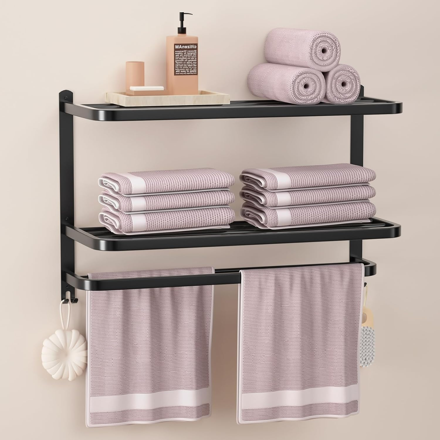 DDS-DUDES 3-Tier Black Towel Racks for Bathroom with Towel Bars Multilayer Hotel Towel Shelf Stainless Steel Wall-Mounted Matte Finished Holder with Towel Shelves 23 Inches image number 5
