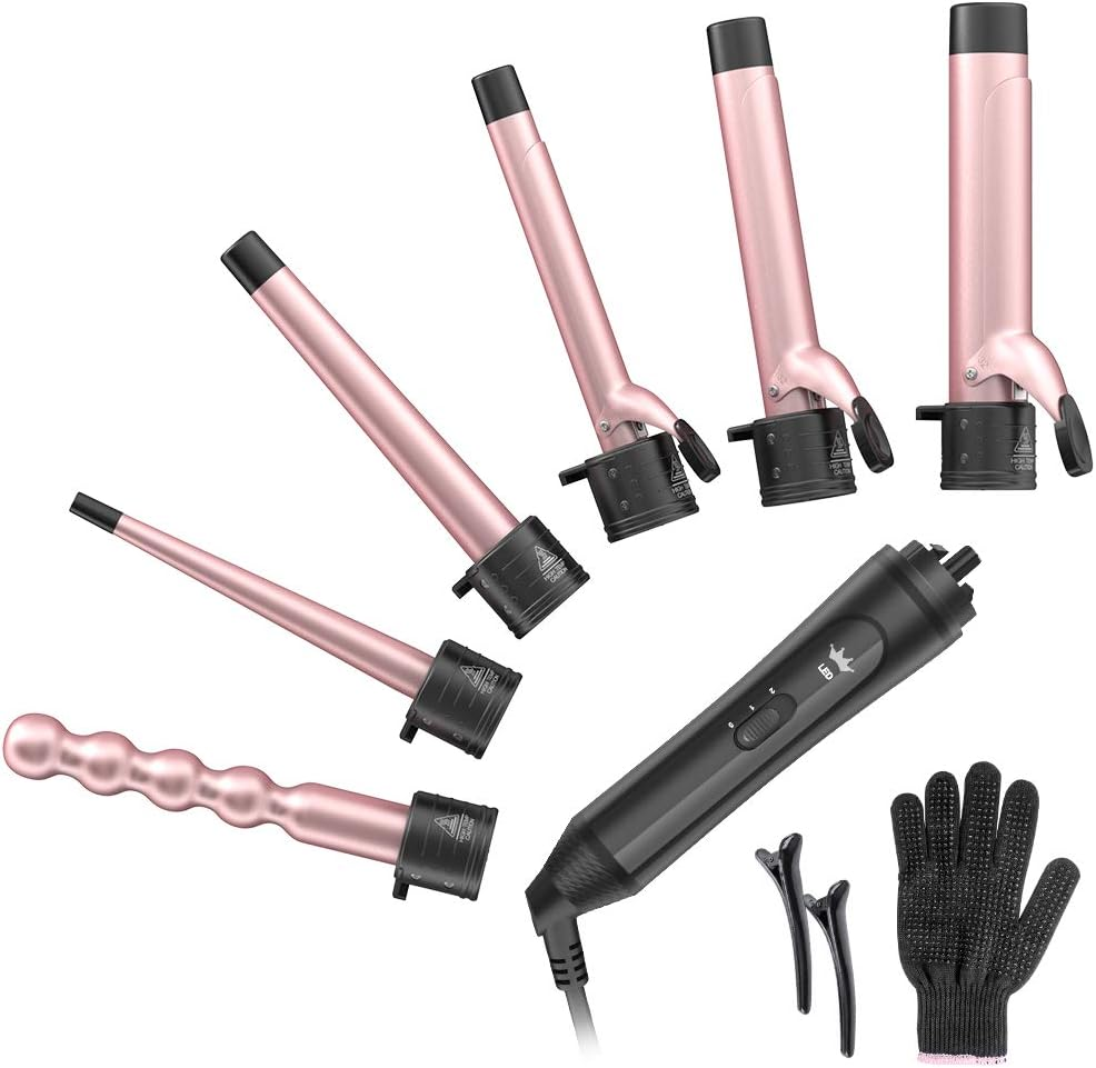 6-IN-1 Curling Iron, Professional Curling Wand Set, Instant Heat up Hair Curler with 6 Interchangeable Ceramic Barrels (0.35'' to 1.25'') and 2 Temperature Adjustments, Heat Protective Glove & 2 Clips image number 1