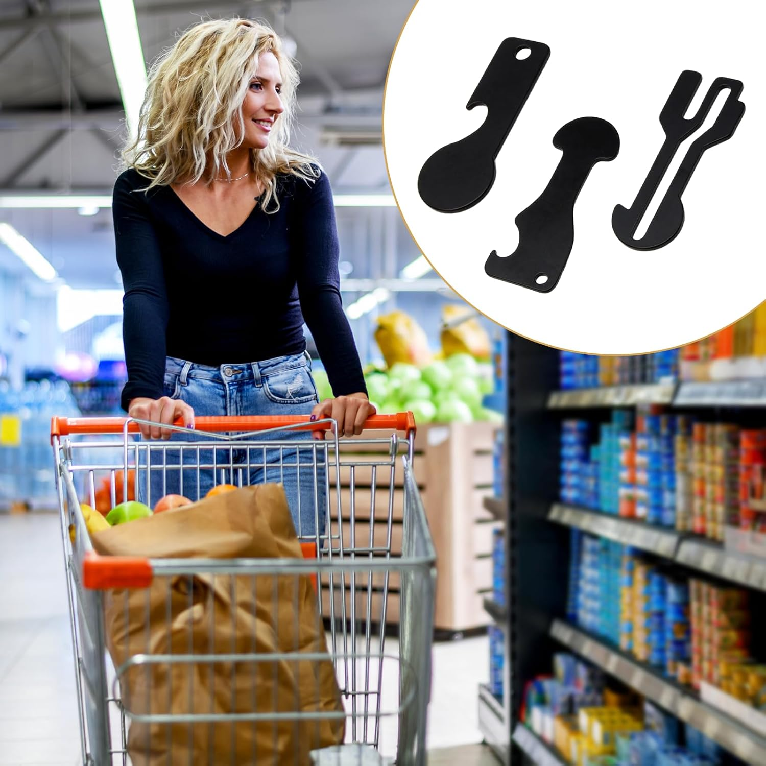 6 Pcs Australia Shopping Trolley Release Key Set, 3 Shape Designs with Stainless Steel Construction & Bottle Opener Feature, Trolley Token Keyring for Supermarket Cart Access (Black) image number 2