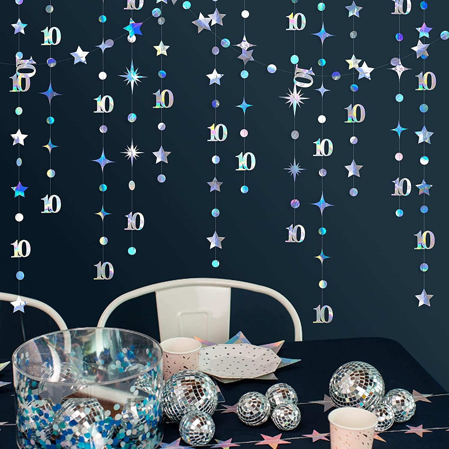 Iridescent 10Th Polka Dot Star Garland Streamer Holographic Metallic Paper 10 Sign Hanging Bunting Banner for Boys Girls Happy 10 Years Old Double Digits Ten Birthday 10Th Anniversary Party Decoration image number 1