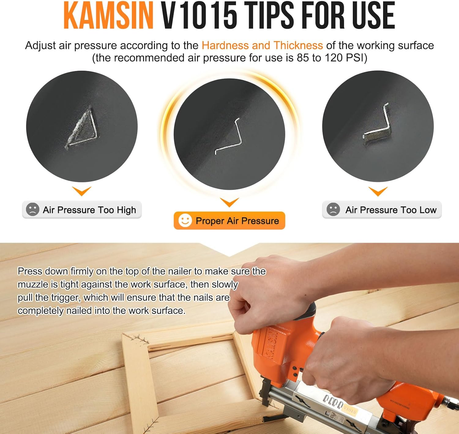 KAMSIN V1015 Pneumatic Picture Frame V Nailer, Fits 5/16'' to 19/32'' (7 to 15 Mm) V Nails, 30 Gauge Air-Powered Frame Joiner for Picture Framing image number 3