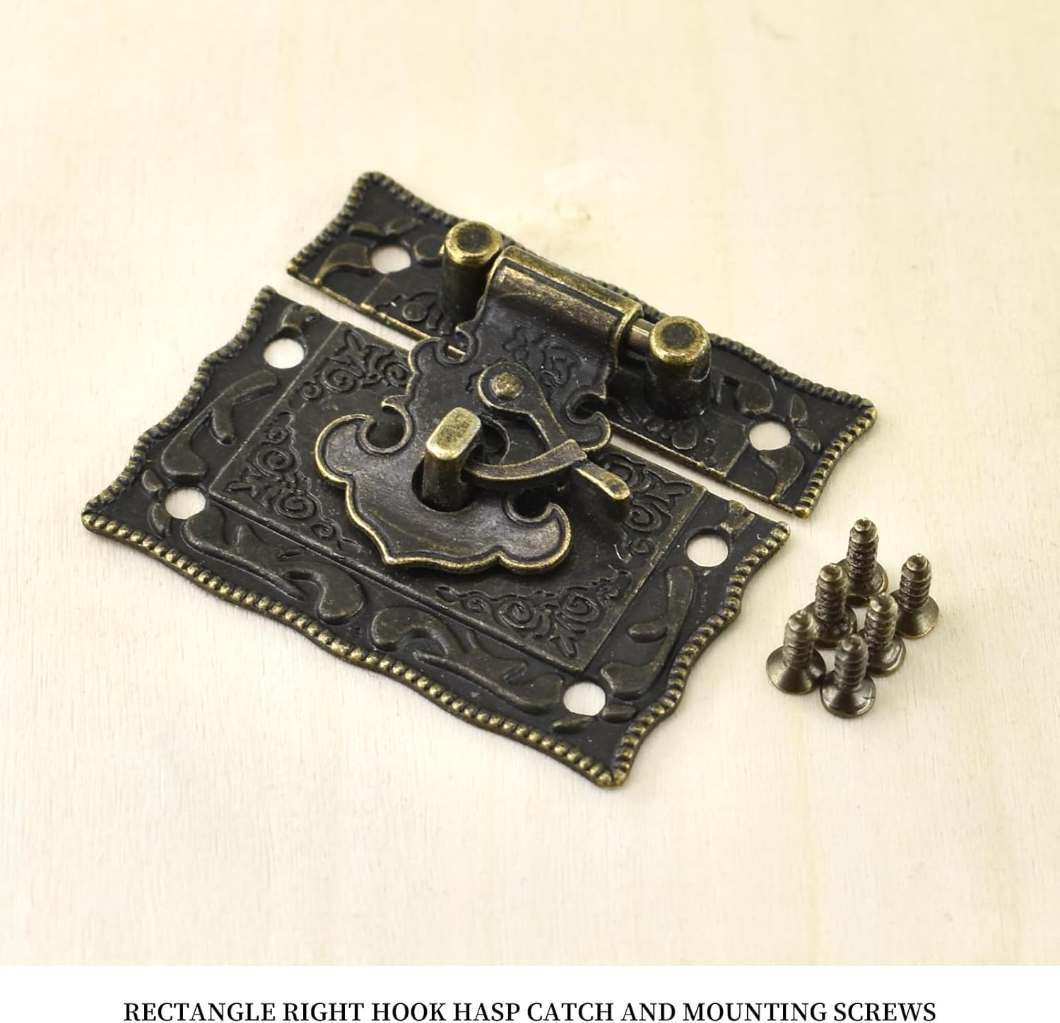 Rectangle Antique Right Hook Hasp Latch Vintage Bronze Engraved Hinge with Matching Screws for Repair and Decorative Jewelry Box Wood Boxes 4 Sets image number 6