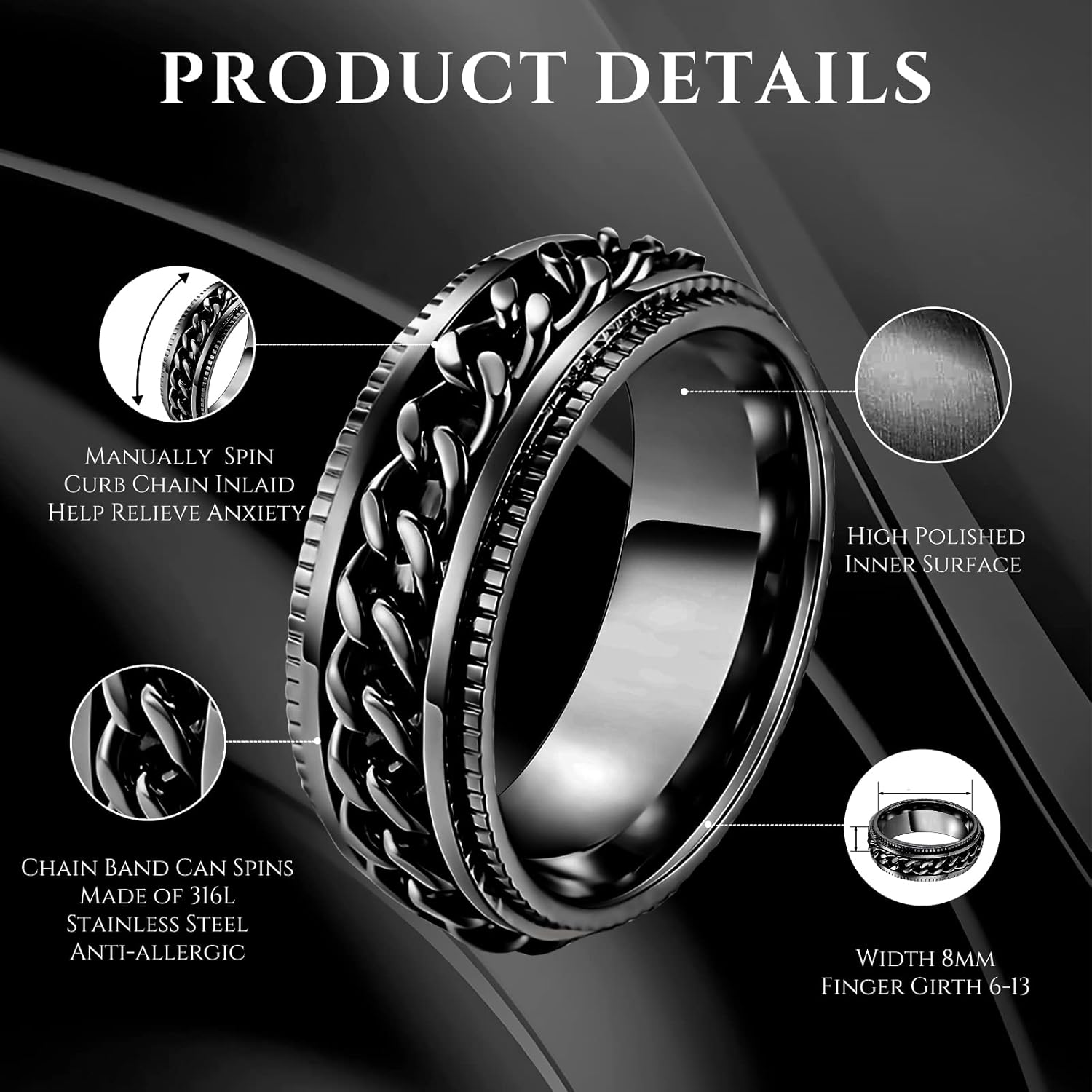 LIAN Stainless Steel Spinner Rings for Men Women Fidget Rings Chain Ring Band Rings 8Mm Black/Silver 6-13 image number 2