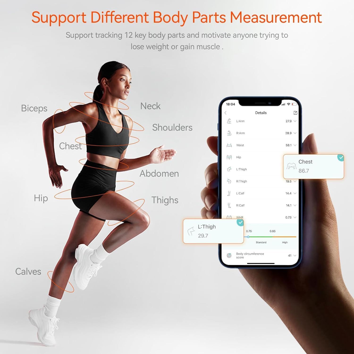 Fitdays Smart Body Tape Measure | Bluetooth Body Fat BMI Tool with LED HD Display & Auto-Retract | Fitness & Weight Loss Tracker for Waist/Hips/Arms | Fitdays App Sync (Black) image number 6