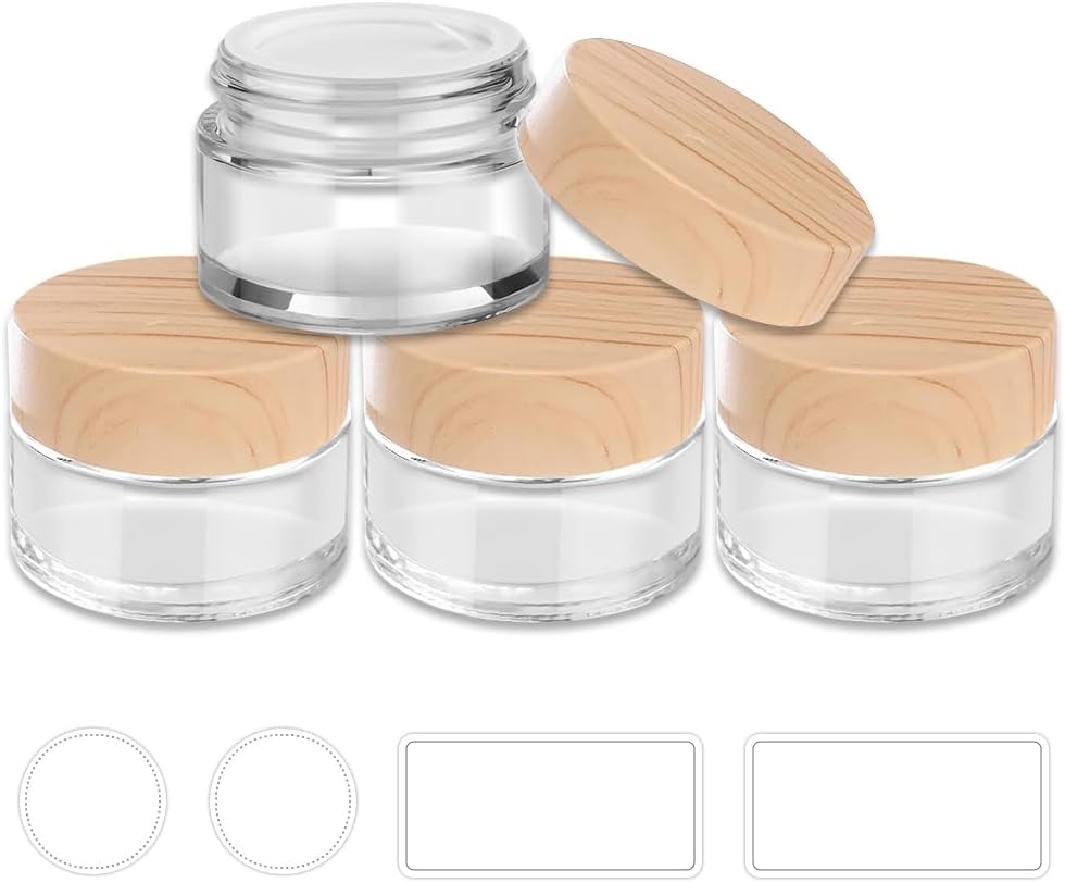 1 Oz Small Glass Containers, Tecohouse Glass Jars with Woodgrain Lids & Inner Liners, Reusable Travel Containers for Creams, Makeup, Lotion, Cosmetic - 4 Pack image number 3