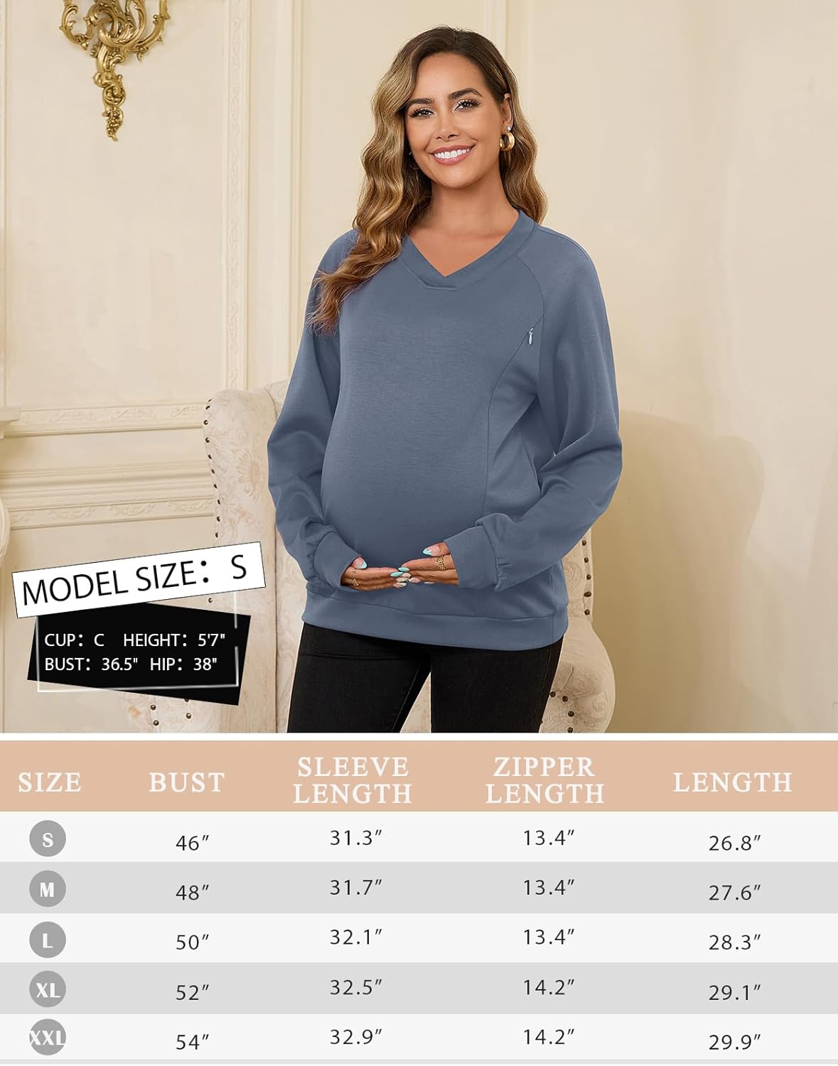 Bhome Nursing Sweatshirt Long Sleeve V Neck Breastfeeding Shirts Zipper Maternity Pumping Tops Pregnancy Sweater Pullover image number 5