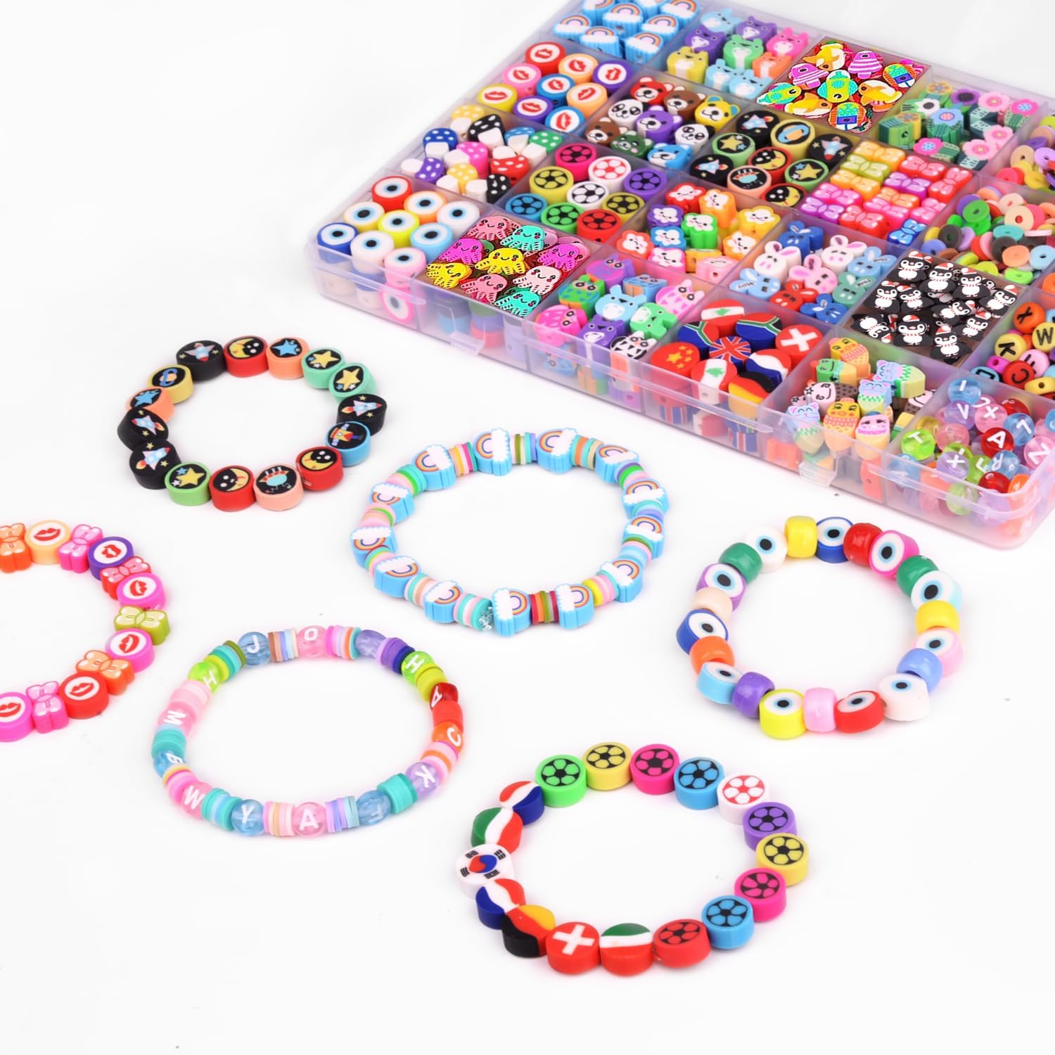 1000PCS Polymer Clay Beads Bracelet Making Kit, 24 Style Cute Fun Beads Flower Animal Rainbow Eye Charms for Jewelry Necklace Earring Making DIY Accessories for Women Girls image number 4