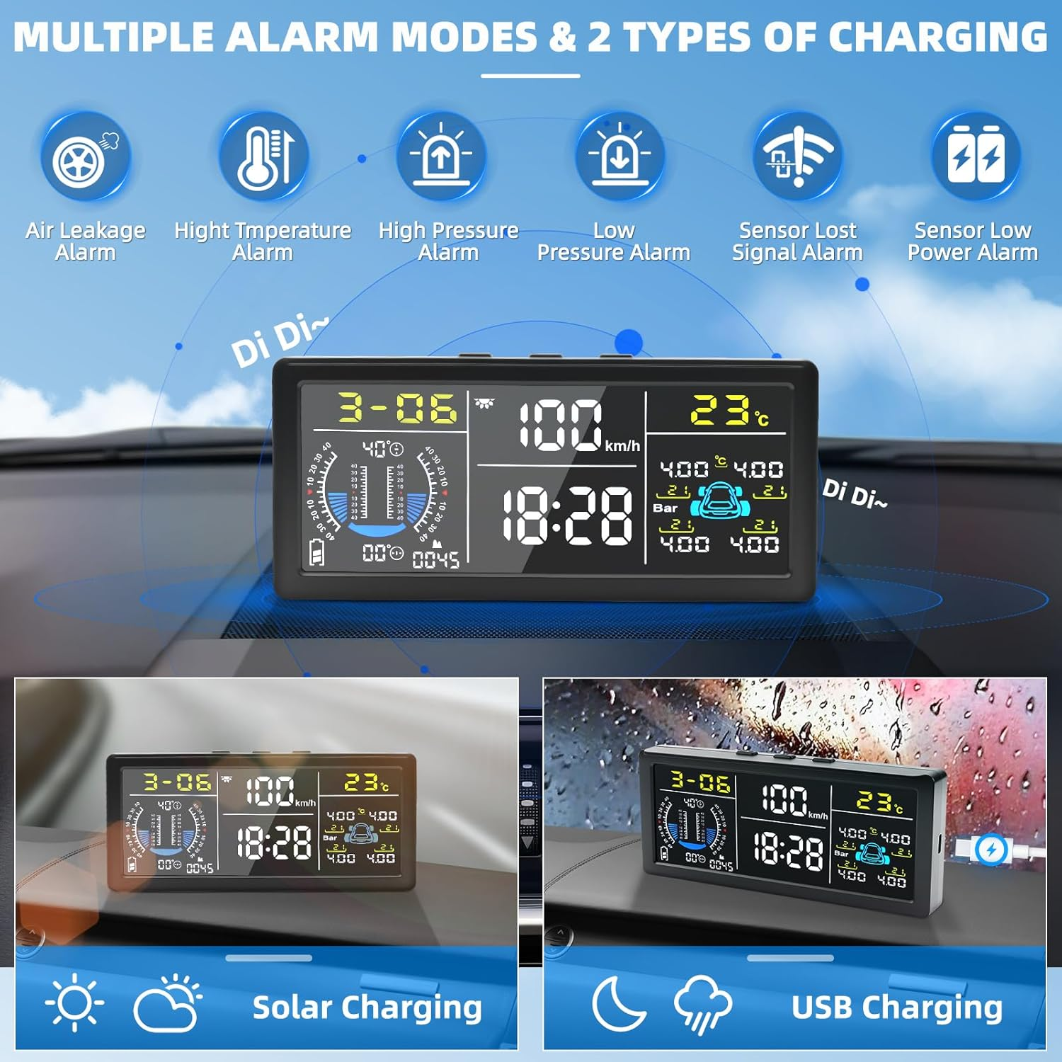 8-In-1 Advanced Tyre Pressure Monitoring System W/4 TPMS Sensors, Real-Time Multifunctional Monitor System W/Slope Meter,Altitude,Speedometer,Car/Tiretemperature,Date,Time HUD Display for Vehicle image number 5