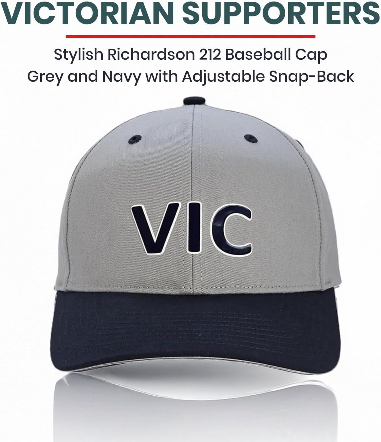 Victoria Supporters Cap, Richardson Pro 212 Baseball Cap, Bold 'VIC' Text, Lightweight Cotton-Poly Twill, Adjustable Snapback Closure, Pre-Curved Underbill, Sports & Casual Wear, Grey-Navy Colour image number 4