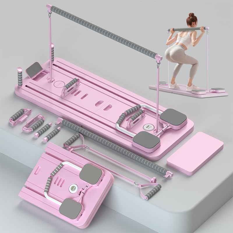 Foldable Pilates Reformer with Resistance Bands & Timer - Home Pilates Machine with Handles, Knee Pad & Compact Design, Professional Pilates Equipment for Women