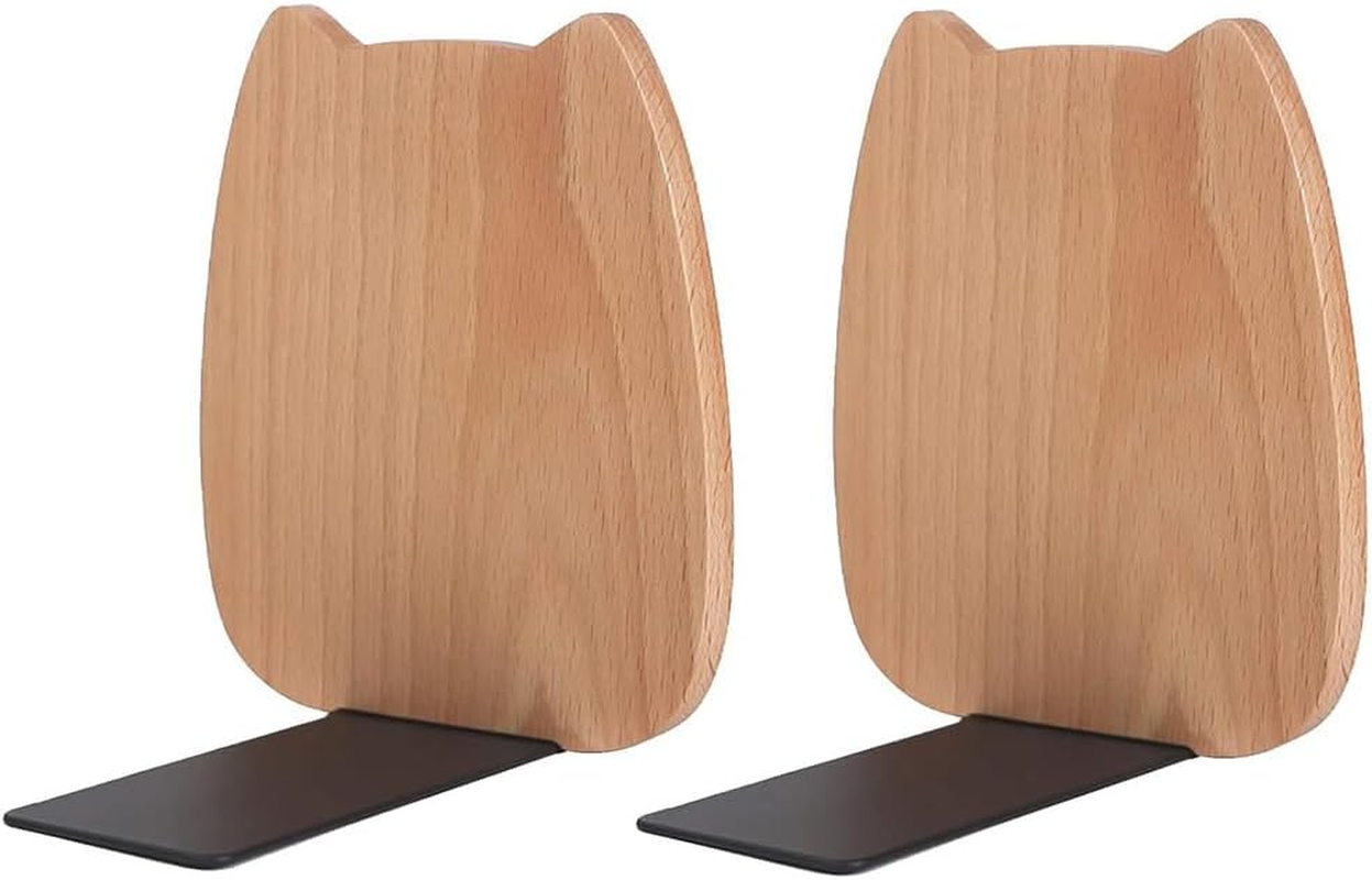 Wood Book Ends,Non-Skid Bookends for Heavy Books, Simple Wooden Desktop Bookshelf,Beechwood Cute Cat Bookends,Suitable for Home, School, Office and Library(1 Pair) image number 2