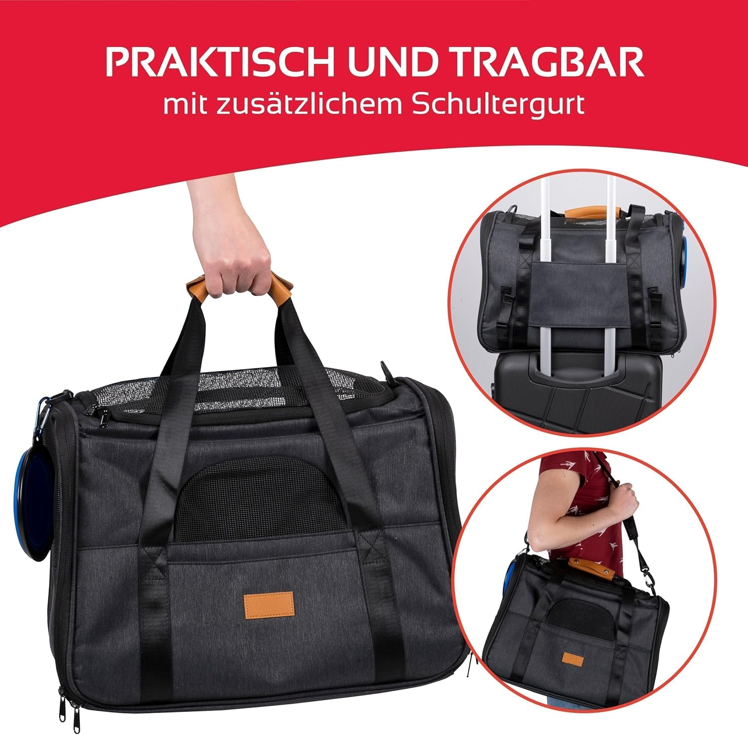 Maxxpro Travel Bag Dog/Cat - 44 X 31 X 34 Cm - Foldable Feeding Bowl/Pet Bed - Shoulder Strap and Carry Handle - up to 5 Kg - Grey image number 5