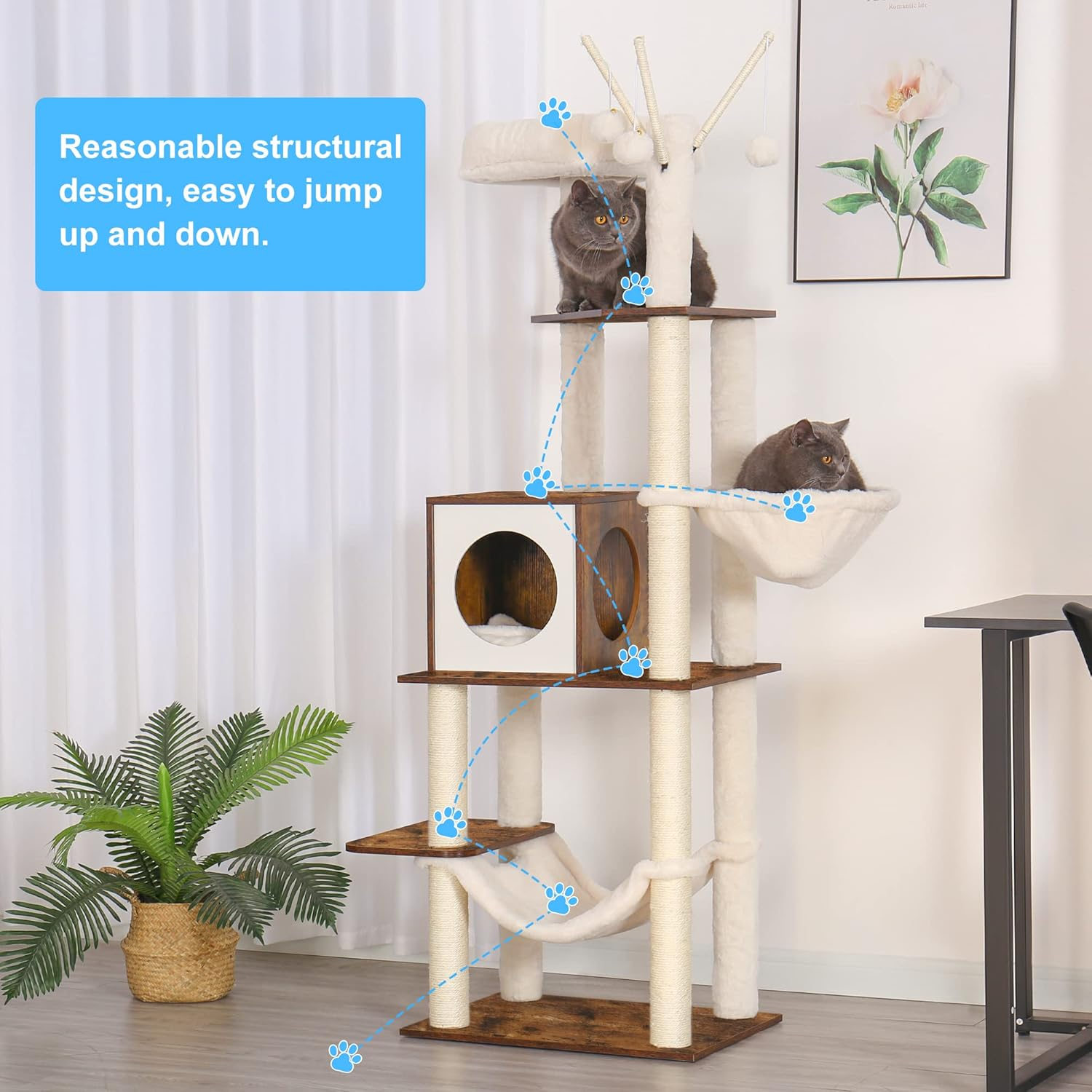 Hey-Brother Wooden Cat Tree, 170 Cm Cat Furniture with Scratching Posts, Modern Cat Tower with Hammocks, Toys, Cat Condo, Rustic Brown MPJ120SR image number 5