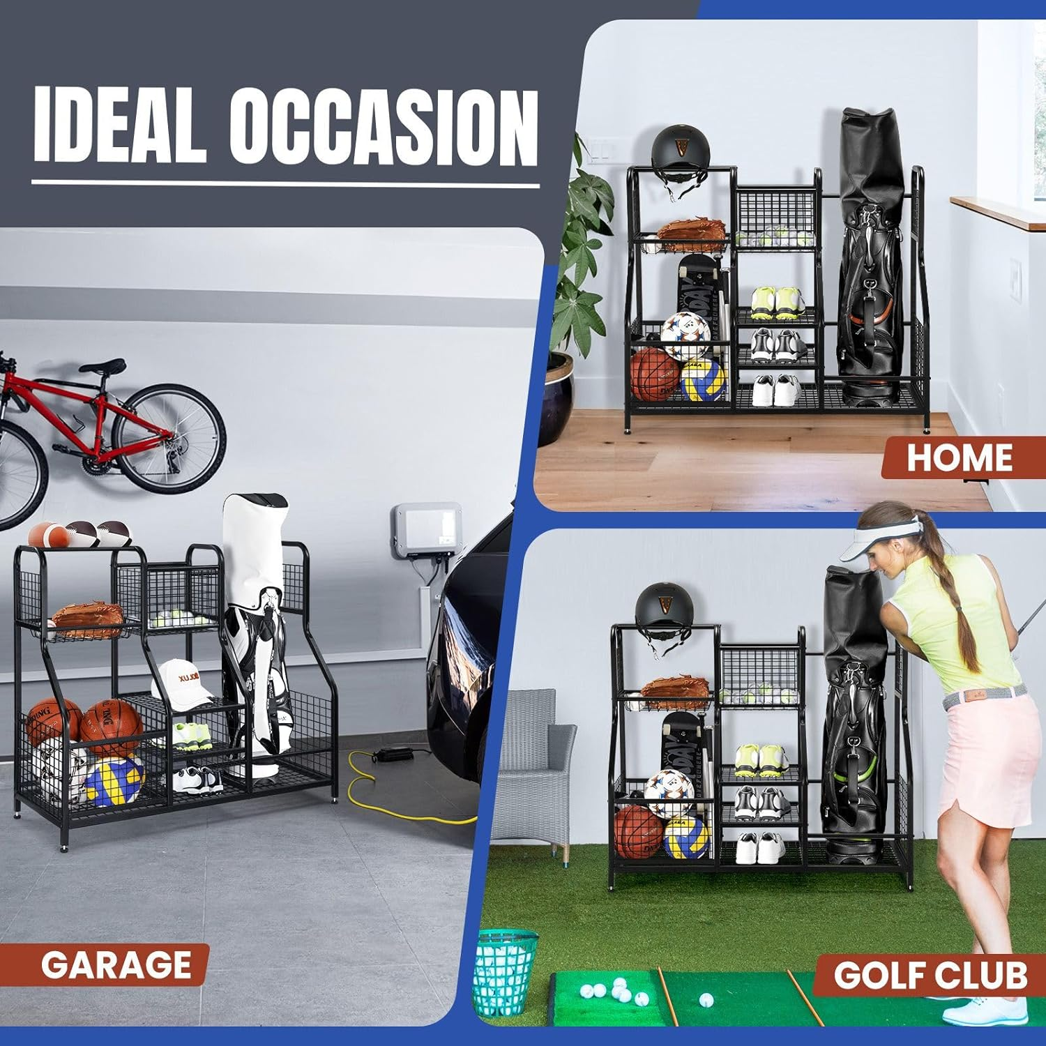 GENKI Large Golf Bag Ball Storage Rack Sports Gear Equipment Organiser for Basketball Football Home Gym Garage Shelves Holder Stand image number 5