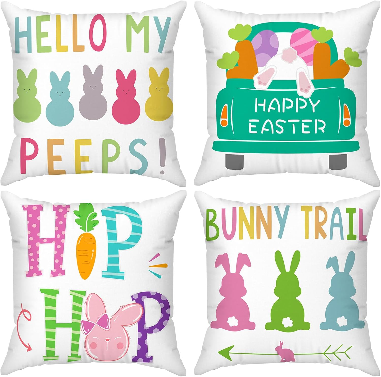 Minetom Easter Pillow Covers 18X18 Set of 4 Easter Decorations for Home Bunny Truck Hello Peeps Hip Hop Colorful Pillows Easter Decorative Throw Pillows Spring Easter Farmhouse Decor