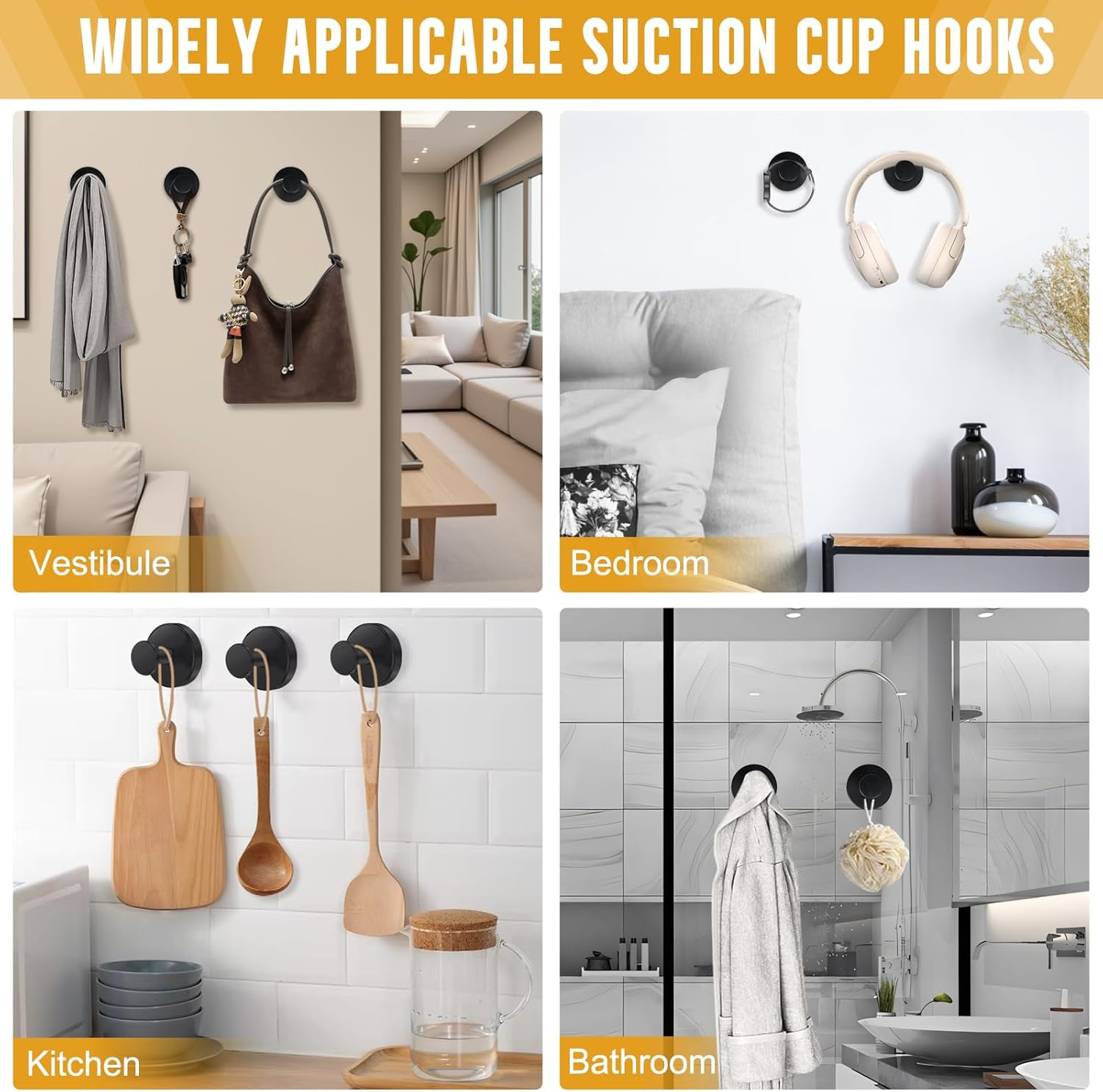 HOTOOLME 4 Pack Suction Cup Hooks for Shower, Towel Hooks for Bathroom, No Drill Shower Hooks for Windows, Glass, Mirror, Tile for Hanging Towels Loofah Robe(Black) image number 1