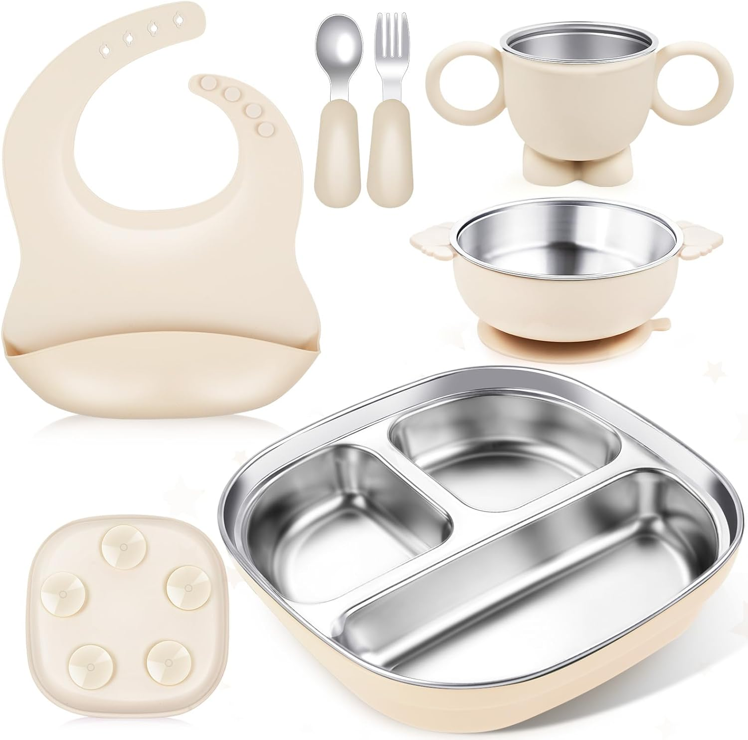 Baby Toddler Tableware Set, 6 PCS Stainless Steel Silicone Utensils, Durable & Spill-Proof, Baby Feeding Set Plates & Bowls, Cup, Forks Spoons & Silicone Bib, Bpa-Free, Dishwasher Safe image number 2