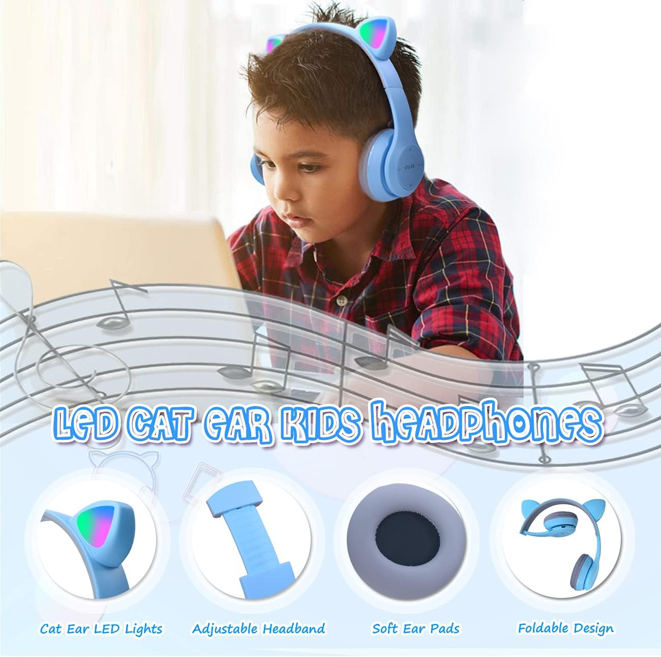 Megadream Children'S Cat Ears Headphones, Bluetooth Headphones, LED Light up Children'S Wireless Foldable Headset, over Ear for Girls/Boys Age 8+ (Blue) image number 3