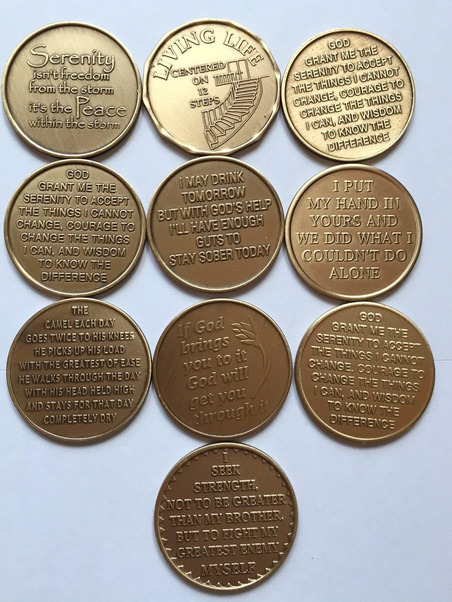 Sober-Sobriety-Serenity Set III (10 Total) Bronze AA (Alcoholics Anonymous) - Birthday / Anniversary / Recovery / Medallion / Coin / Chip image number 1