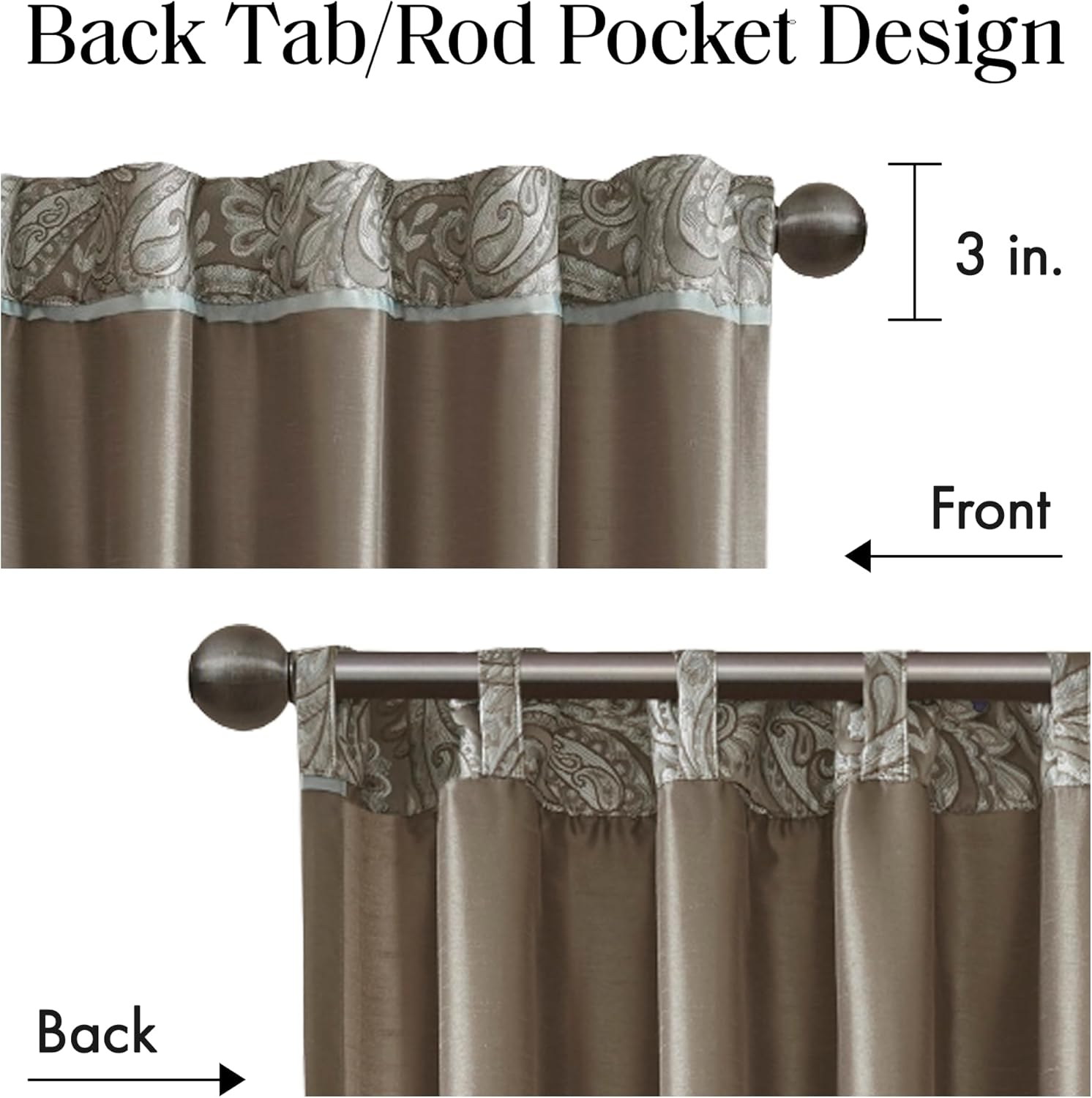 Madison Park Aubrey Faux Silk Paisley Jacquard, Rod Pocket Curtain for Living Room, Kitchen, Bedroom and Dorm, 50 in X 84 In, Taupe/Blue image number 6