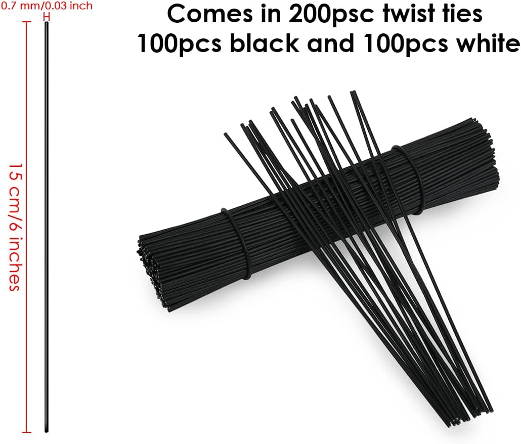 DS. DISTINCTIVE STYLE 6 Inch Twist Ties Set of 200 Bread Bag Ties Wire Twist Ties for Cord Management (Black and White (Round Shape)) image number 3