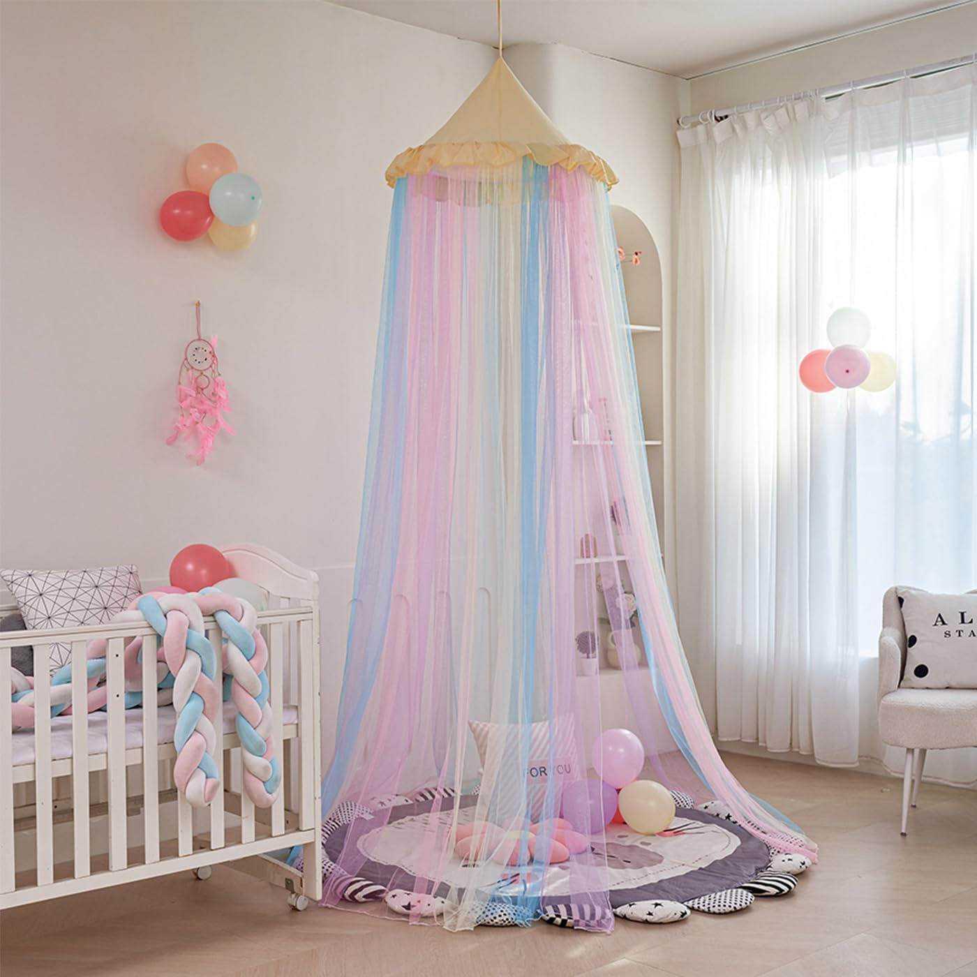 Rainbow Bed Canopy for Girls, Ruffles Mosquito Net with Dust-Proof round Dome Kids Dreamy Princess Bed Canopy Netting Room Crib Bed Curtains Camp Decor Accessories Child Reading Corners Ceiling Tent - Triangle image number 6