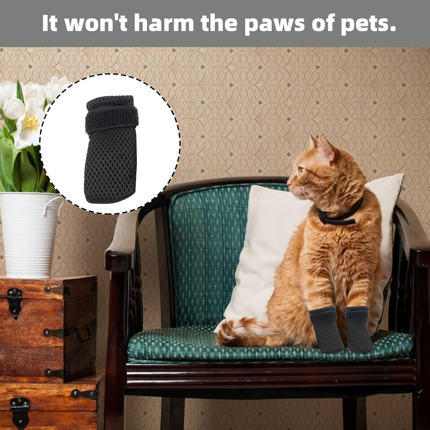 Black anti Scratch Polyester Cat Shoes, 4Pcs Breathable Mesh Cats Foot Claw Protector Covers, Adjustable Mesh Cat Anti-Scratch Foot Covers Claw Protectors