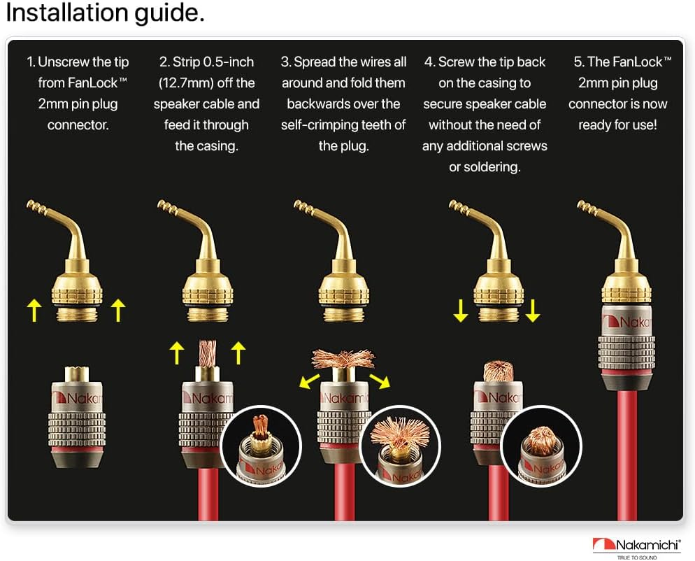 Nakamichi Fanlock Excel Series 24K Gold Plated 2Mm Pin Plugs Banana 10 AWG - 18 AWG Gauge Size 4Mm for Spring Clip Speakers Amplifier Hi-Fi Home Theatre Wire Cable Quick Connector, 8 Pcs (4-Pairs) image number 6