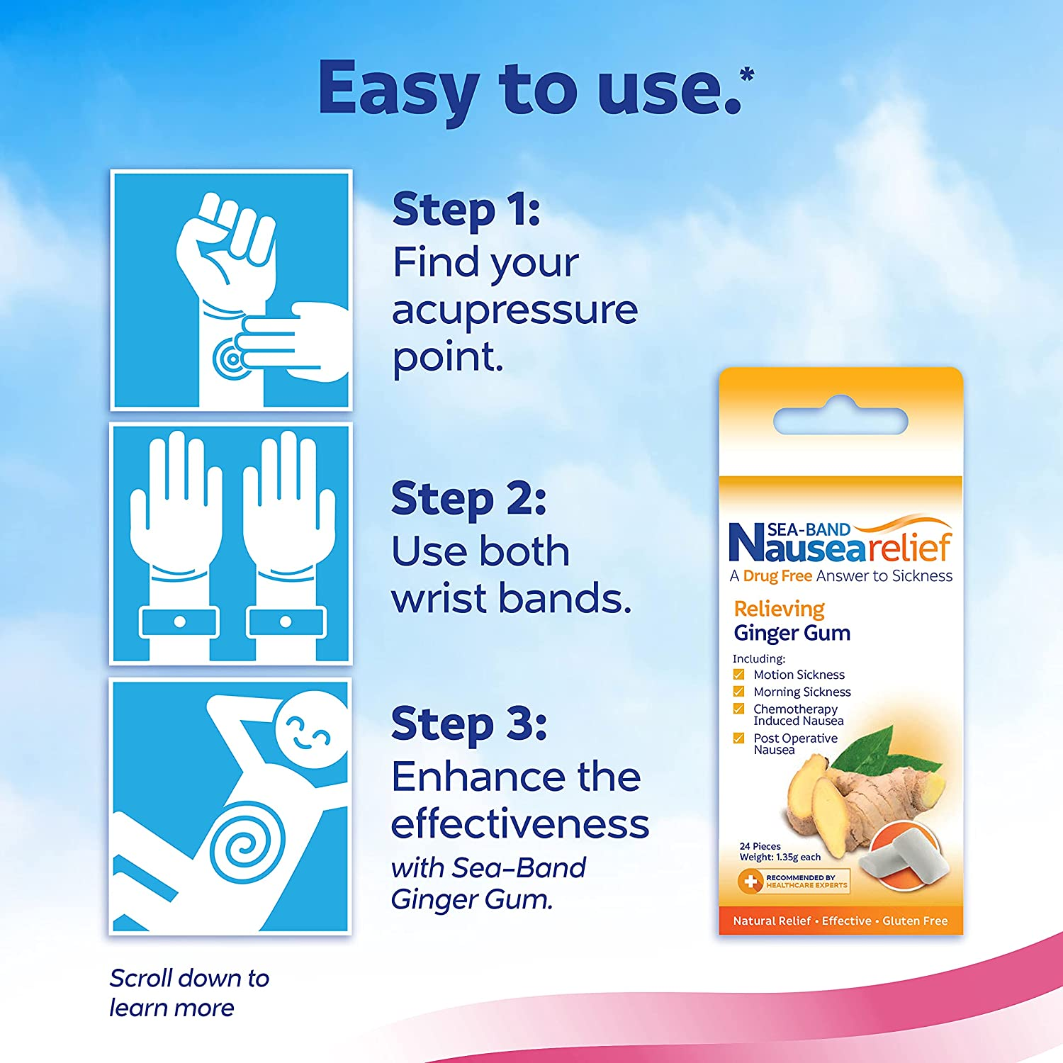 Sea-Band Mama Wristband Natural Nausea Relief, 1 Pair, Colors May Vary, Anti-Nausea Acupressure Wristband for Combatting Morning Sickness image number 1