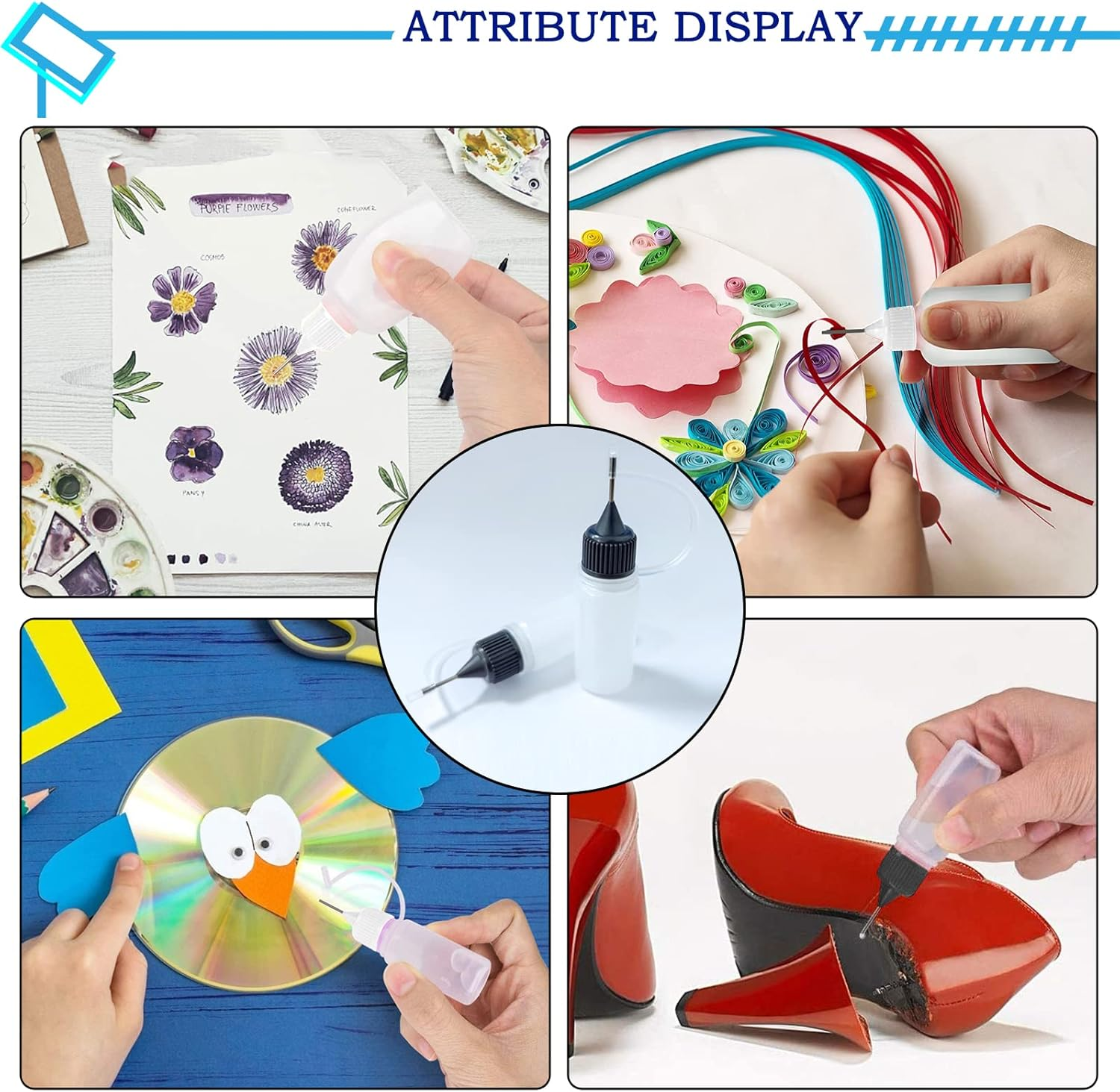 TTYSHIP Pack of 40 Needle Bottles, Plastic Applicator Bottles, Precision Tip Applicator Bottles, with 6 Funnels, Small, for Crafts, Oils, Glues, Paints and Alcohol Inks (10 Ml) image number 1