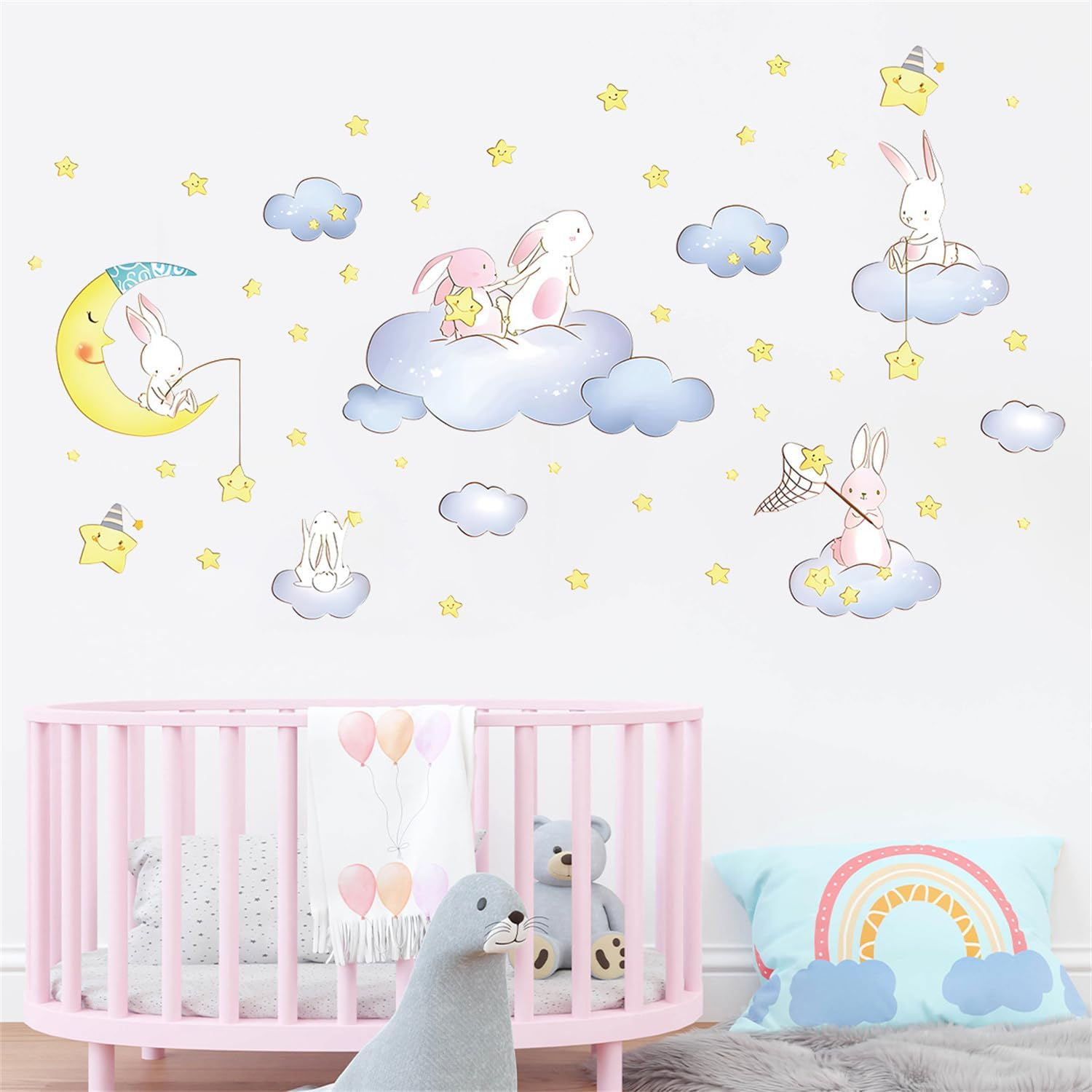 Cartoon Cute Rabbit Wall Decal the Moon and Stars Cloud Bunny Wall Stickers Nursery for Bedroom Girls Decor - K image number 2