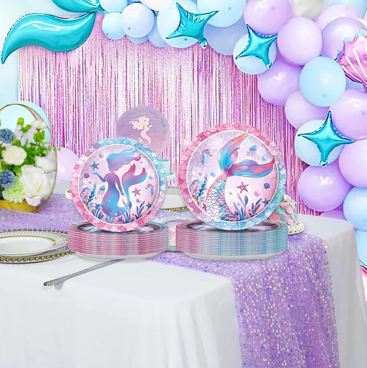 72Pcs Mermaid Disposable Tableware Birthday Paper Party Plates Napkins Set， Mermaid Birthday Party Tableware Serves 24 Guests image number 5