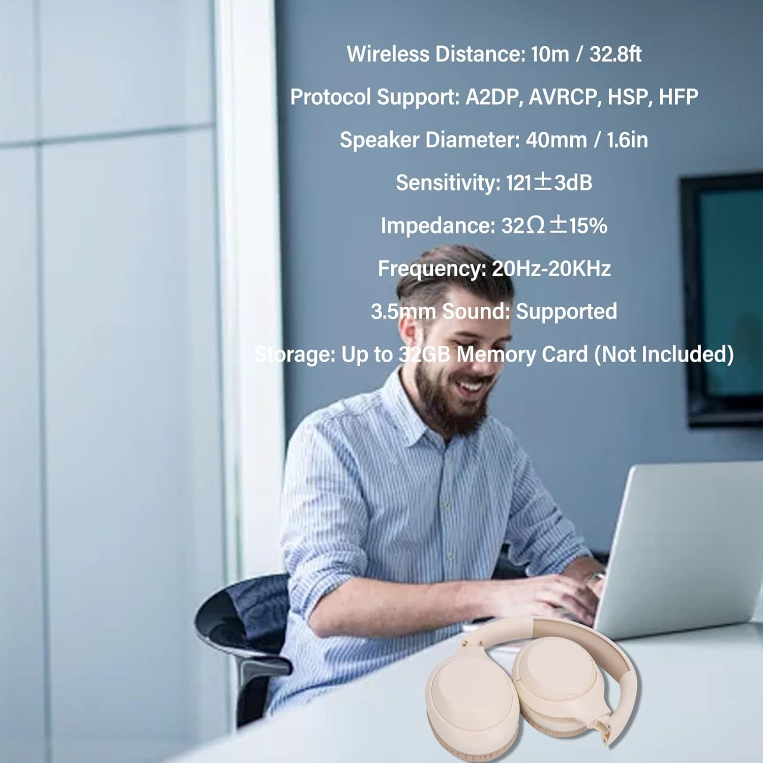 Jectse Bluetooth Headphones over the Ear, V5.3, Long Playtime, Deep Bass, Stereo, Rechargeable, Foldable, Wireless Headset with 3.5 Mm Connector (Khaki) image number 5