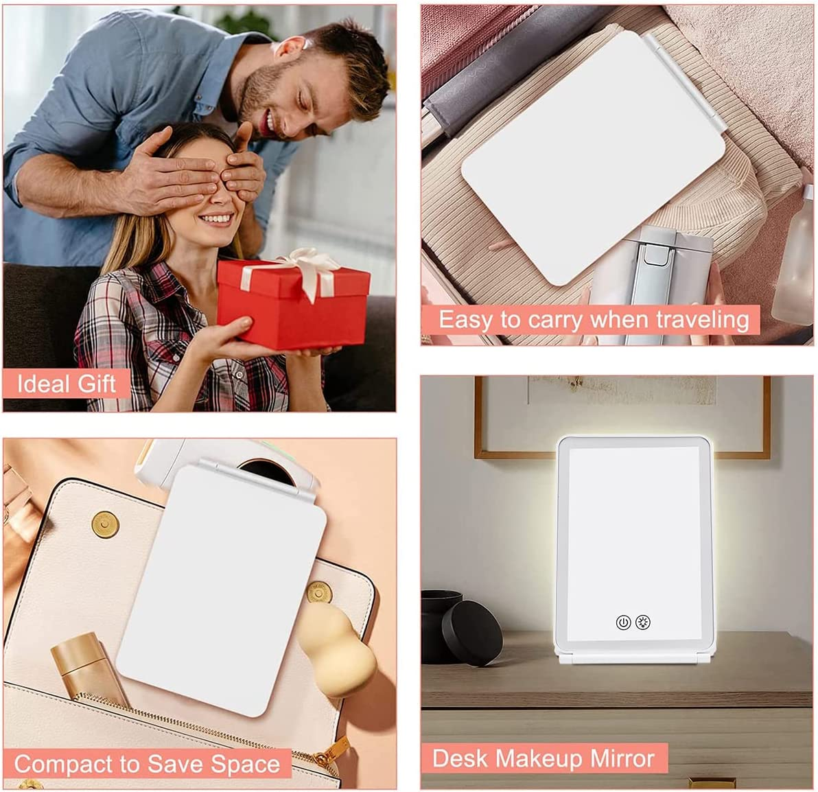 Travel Makeup Mirror, Folding Lighted Makeup Mirror with 80 LED Lights, Adjustable 3-Color Touch Screen Vanity Mirror, USB Rechargeable Portable Cosmetic Mirror for Travel Outing image number 3