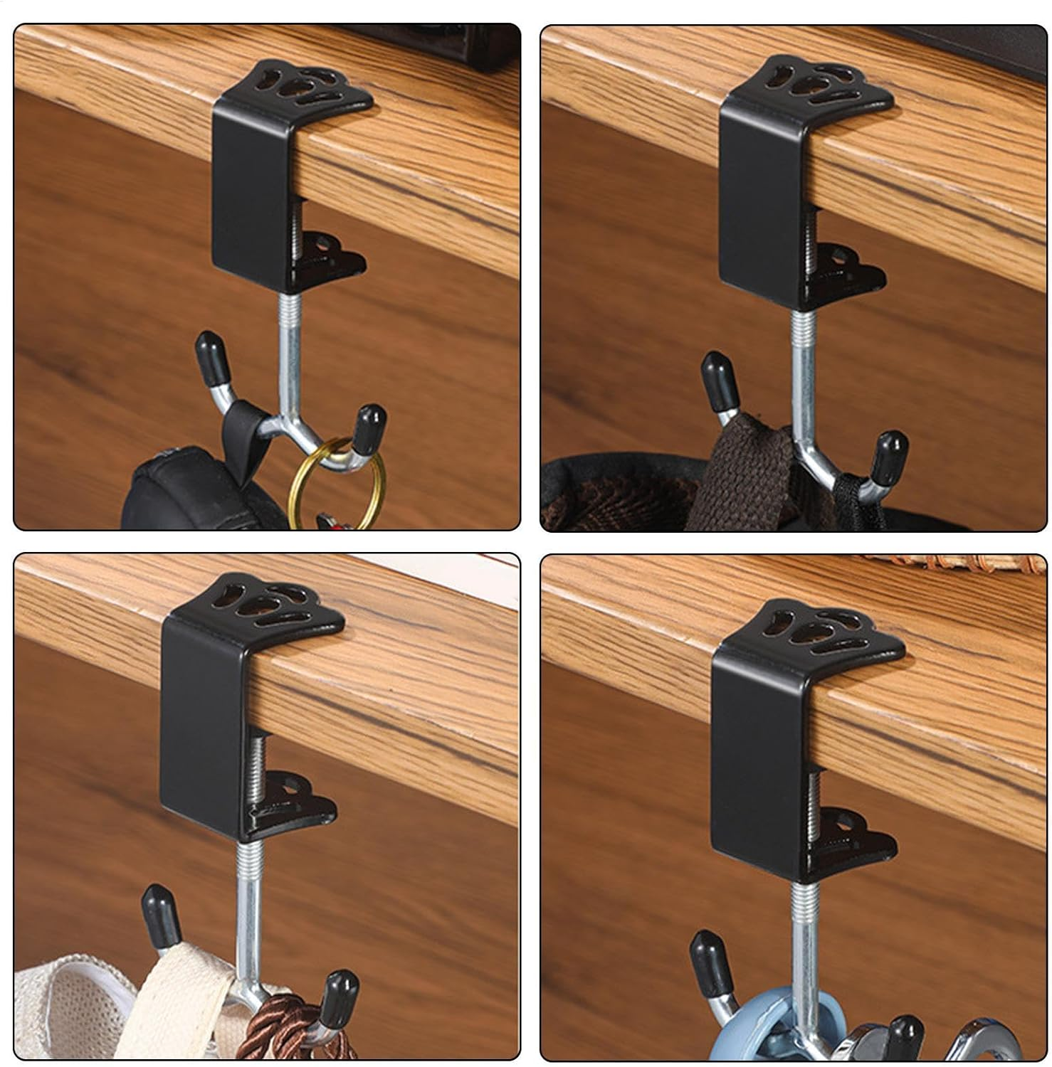 Rissunkv Desk Clamp Hook, Desk Mount Double Hooks Iron Bag Holder, Purse Hook Adjustable Thickness for Table for Headphones, Keys, Umbrellas - Black image number 6