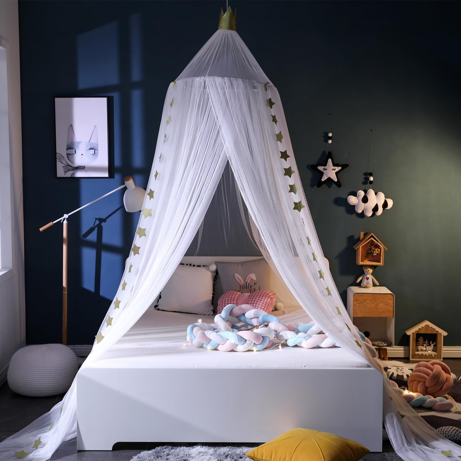 Crown Bed Canopy Mosquito Net with round Dome, Curtain Court Canopy with Stars Decor for Baby Crib, Kid Bed, Play Tent, Children Reading Nook Canopies Indoor, Hanging Bed Net Decoration (White) image number 5