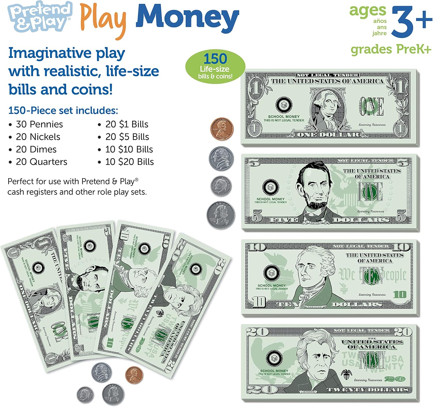 Learning Resources Pretend & Play - Play Money for Kids, Counting, Develops Early Math Skills, Currency, Coins and Bills for Kids, 150 Pieces, Ages 3+ Multicolor LER2725