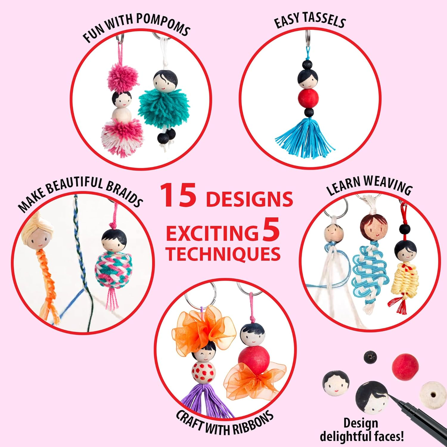 Chalk and Chuckles Keychain Dolls - Art and Craft Kit for Girls 9-12, Make 15 Keychains, DIY Creative Toys for Kids, Girls Age 8+ Year Old and Up, Adults image number 2