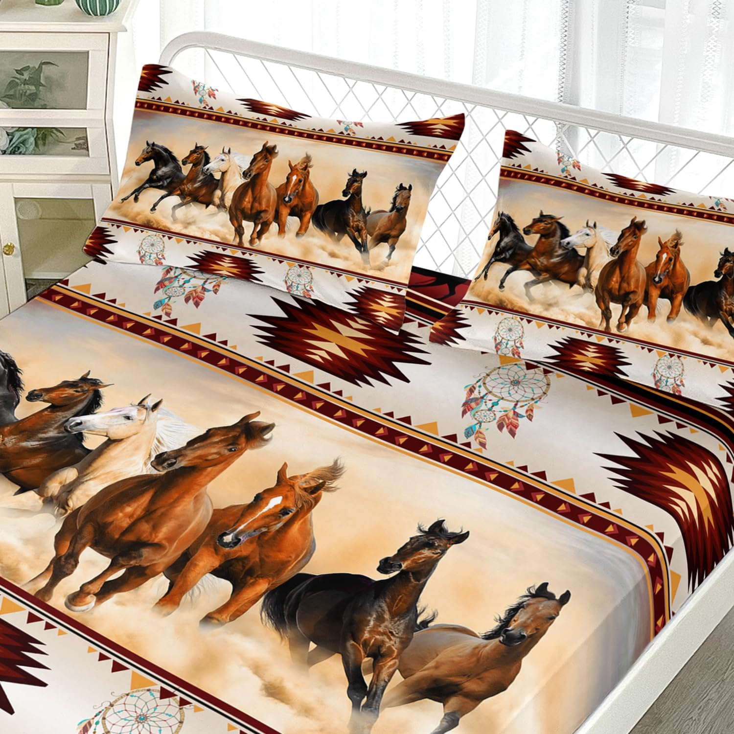 AILONEN 3D Horse Fitted Sheet Set Twin XL Size, Galloping Horse Bedding Set for Kids Girls Boys,Vintage Animal Print Bed Sheet Set for Bedroom Decor,1 Fitted Sheet + 2 Pillowcases,3 Pieces image number 3
