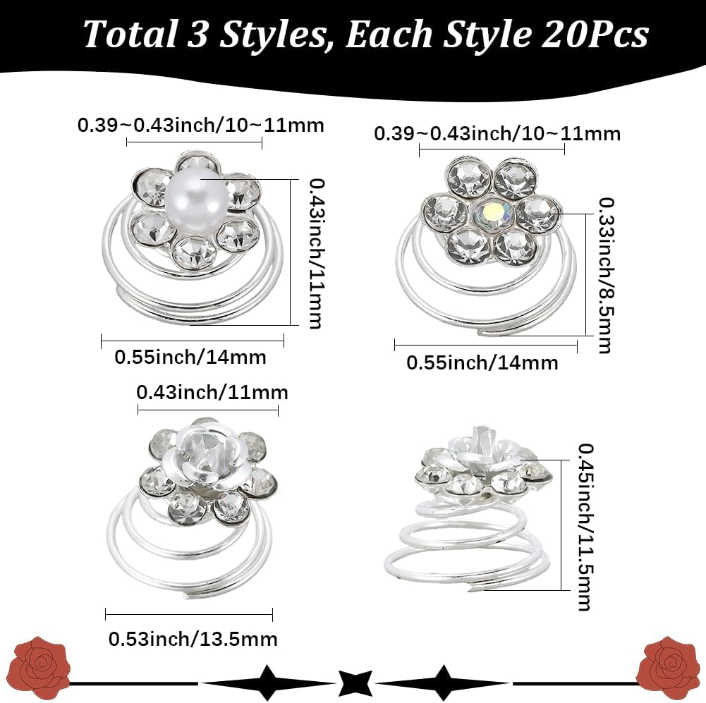 SOFPLATE Pack of 60 3 Styles Rhinestone Hair Pins Beads Twist Hair Pins Bulk Pack Smooth Imitation Pearl Flower Glitter Artificial Diamond Hair Pin for Wedding Bridal Prom Part