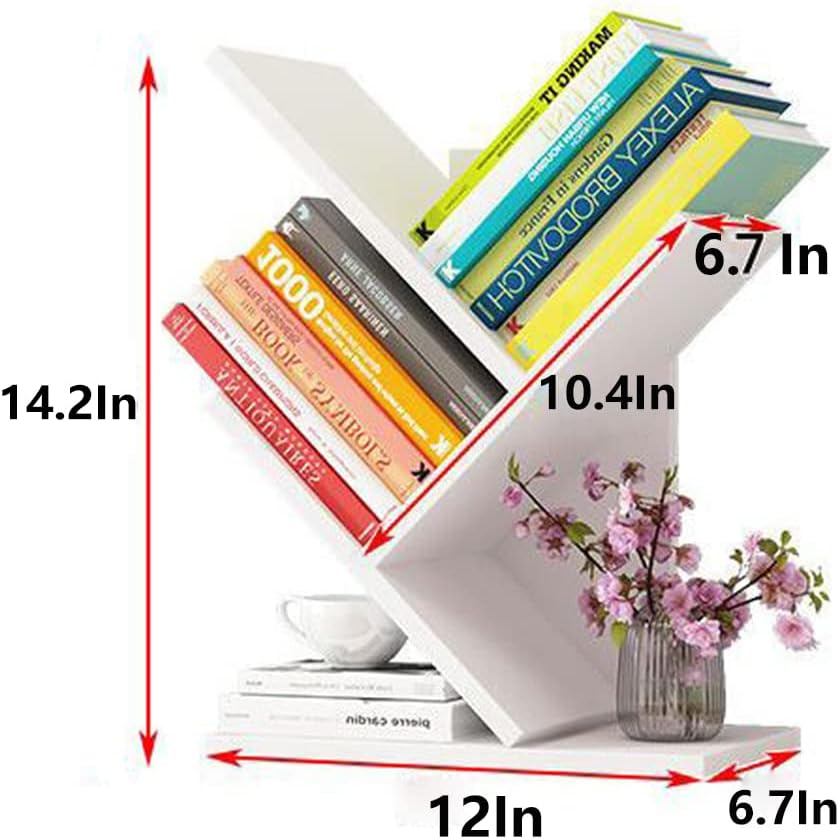 Hbluefat Book Tree Bookshelf, 3-Tier Wood Tree Small Bookcase for Desk Displaying Books, Cds, Magazines and More at Office, Home and School (White)