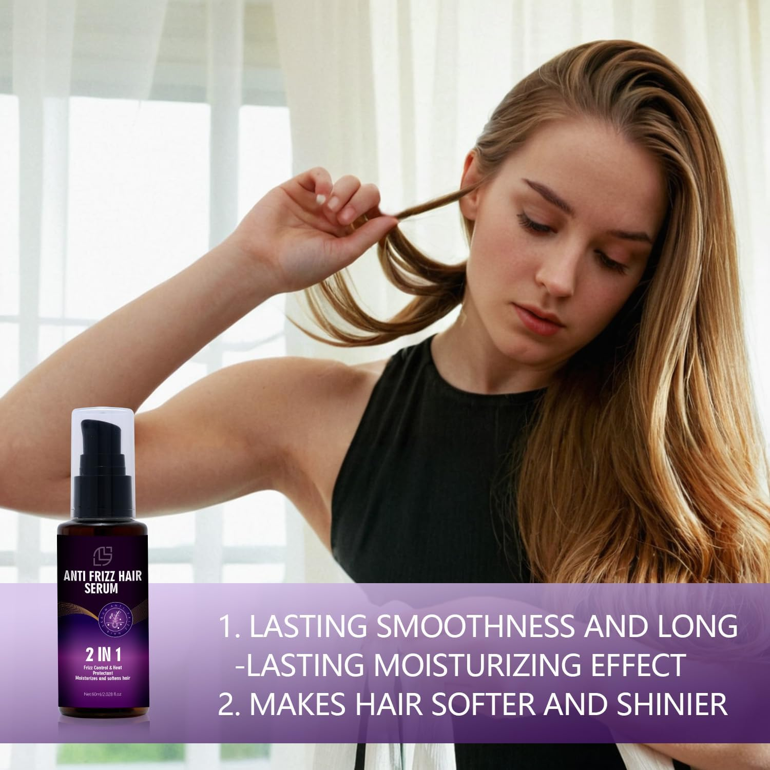 2-In-1 Anti-Frizz Hair Serum, Heat Protection and Moisturising Treatment, Lightweight Formula for Smooth, Soft Hair image number 1