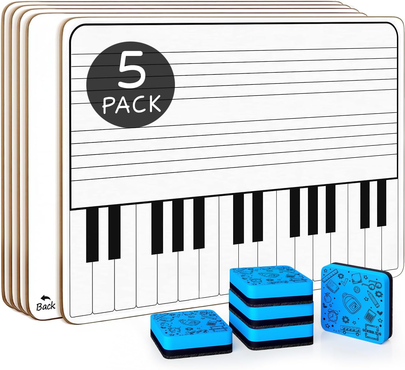 Scribbledo 5 Pack 11 X 14 Inch Piano Board Dry Erase White Boards Keyboard Lapboard L Double Sided Music Staff Whiteboard for Kids Students, Musicians and Home (5 Erasers Included) image number 3