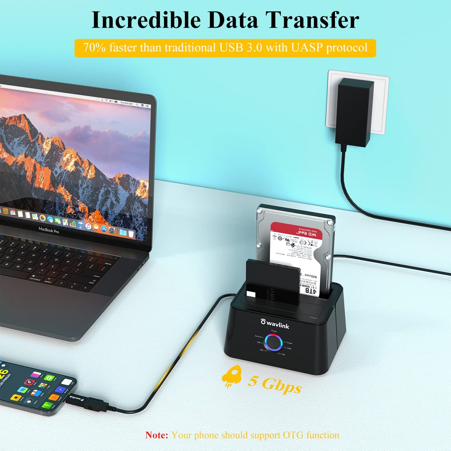 WAVLINK USB-C and USB 3.0 to SATA Dual Bay External Hard Drive Docking Station for All 2.5/3.5 Inch SATAⅠ/Ⅱ/ⅢSSD HDD, Support 2&times;8TB &UASP with Offline Clone/Backup Function image number 1