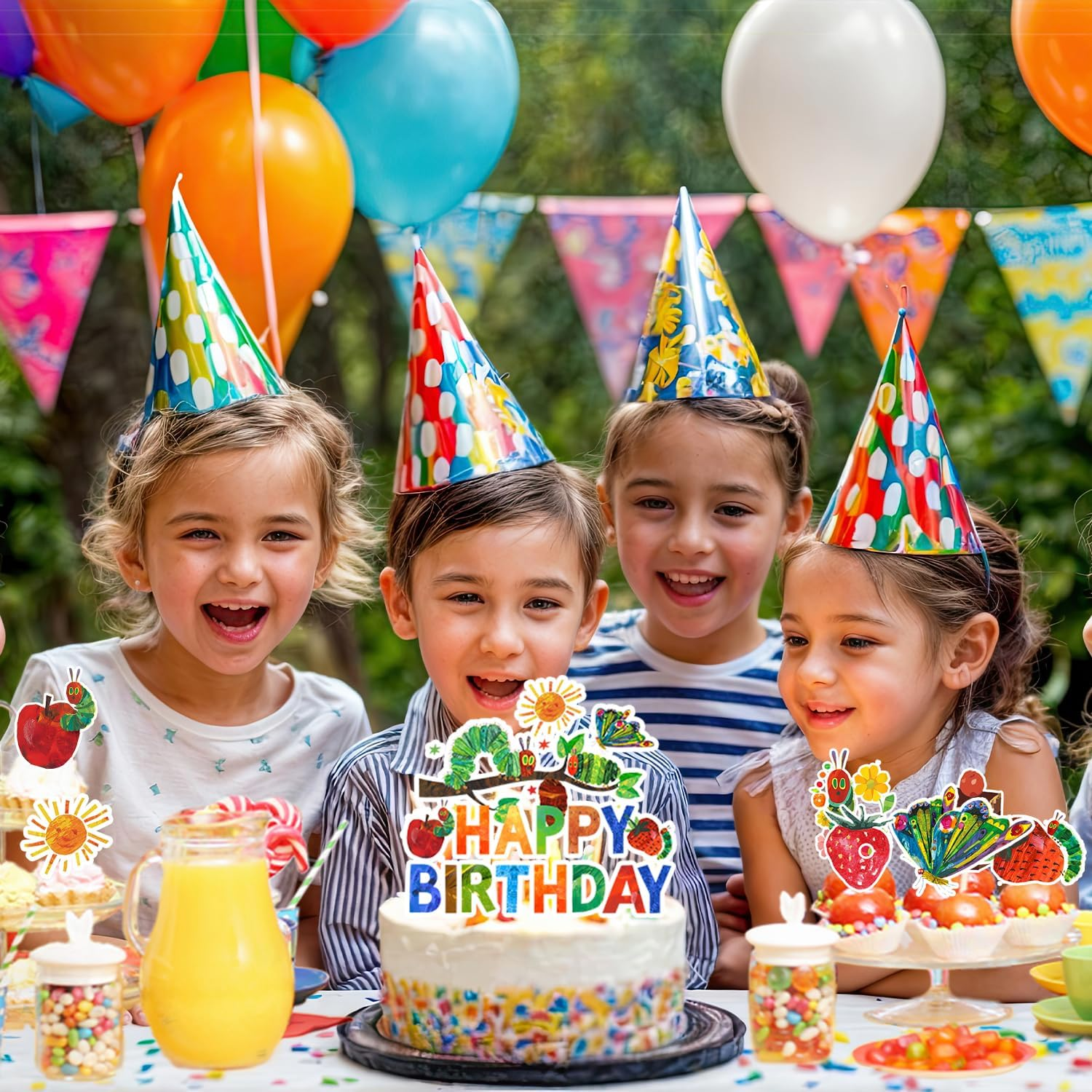 25Pcs Very Hungry Caterpillar Cake Decorations, Hungry Caterpillar Decorations Set Including Caterpillar Cake Topper + Hungry Caterpillar Cupcake Toppers for Kids Baby Shower image number 3