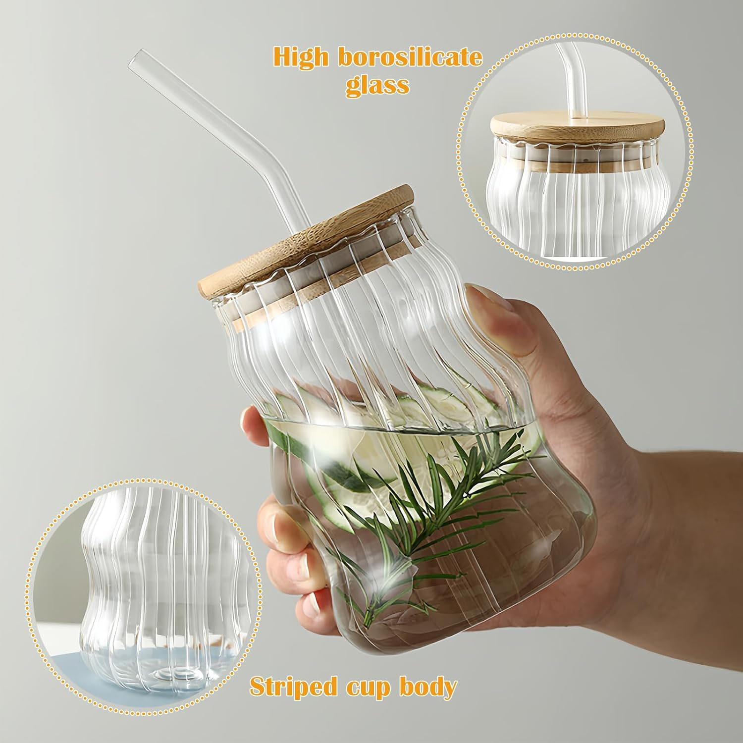 4 Pieces Cappuccino Glasses, Coffee Glasses Set with Lid and Straw, 500Ml Latte Macchiato Cups Glass Origami Style Glasses Drinking Coffee Cups Ribbed for Latte Tea Ice Milk Beer image number 2
