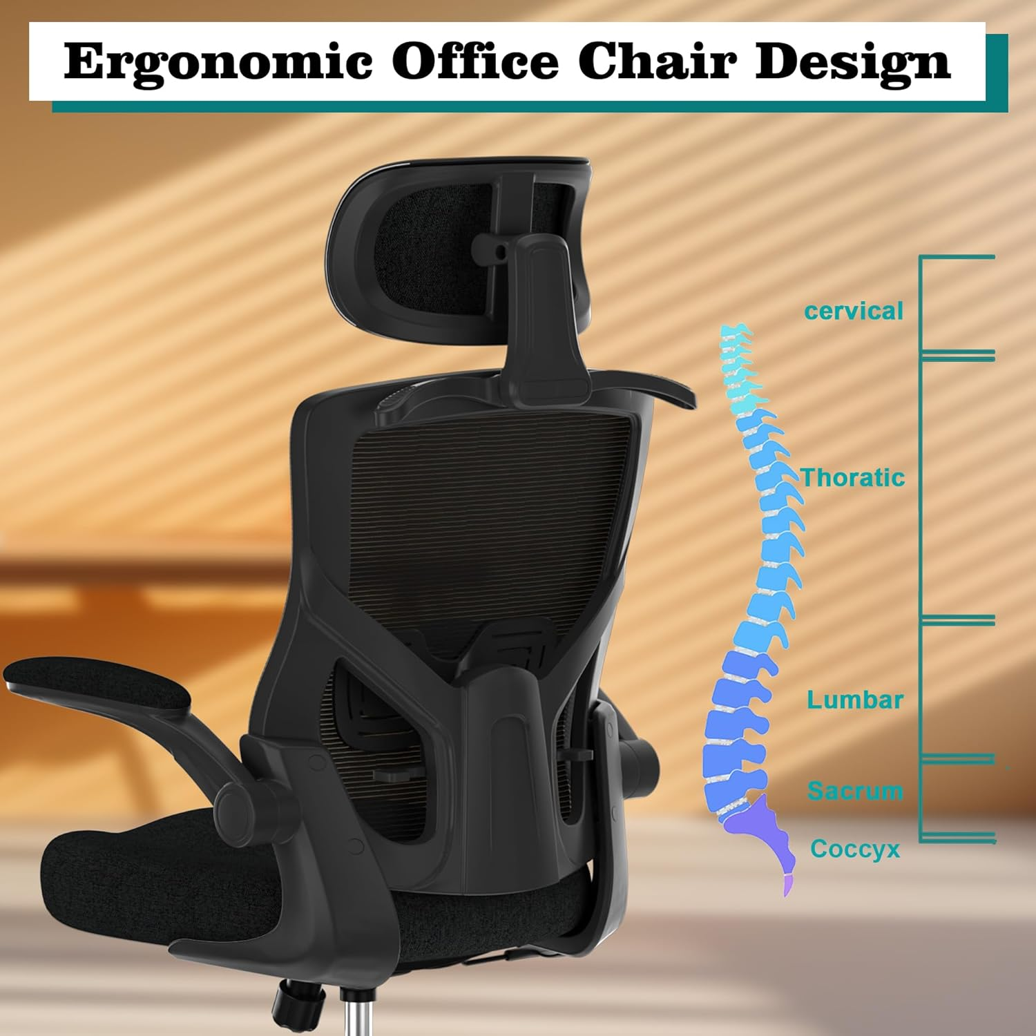 FOKESUN Ergonomic Office Chair, High Back Mesh Desk Chair with Thick Molded Foam Cushion, Coat Hanger, Adjustable Headrest, Lumbar Support, Tilt & Lock Function - Task Chair (All Black) image number 5