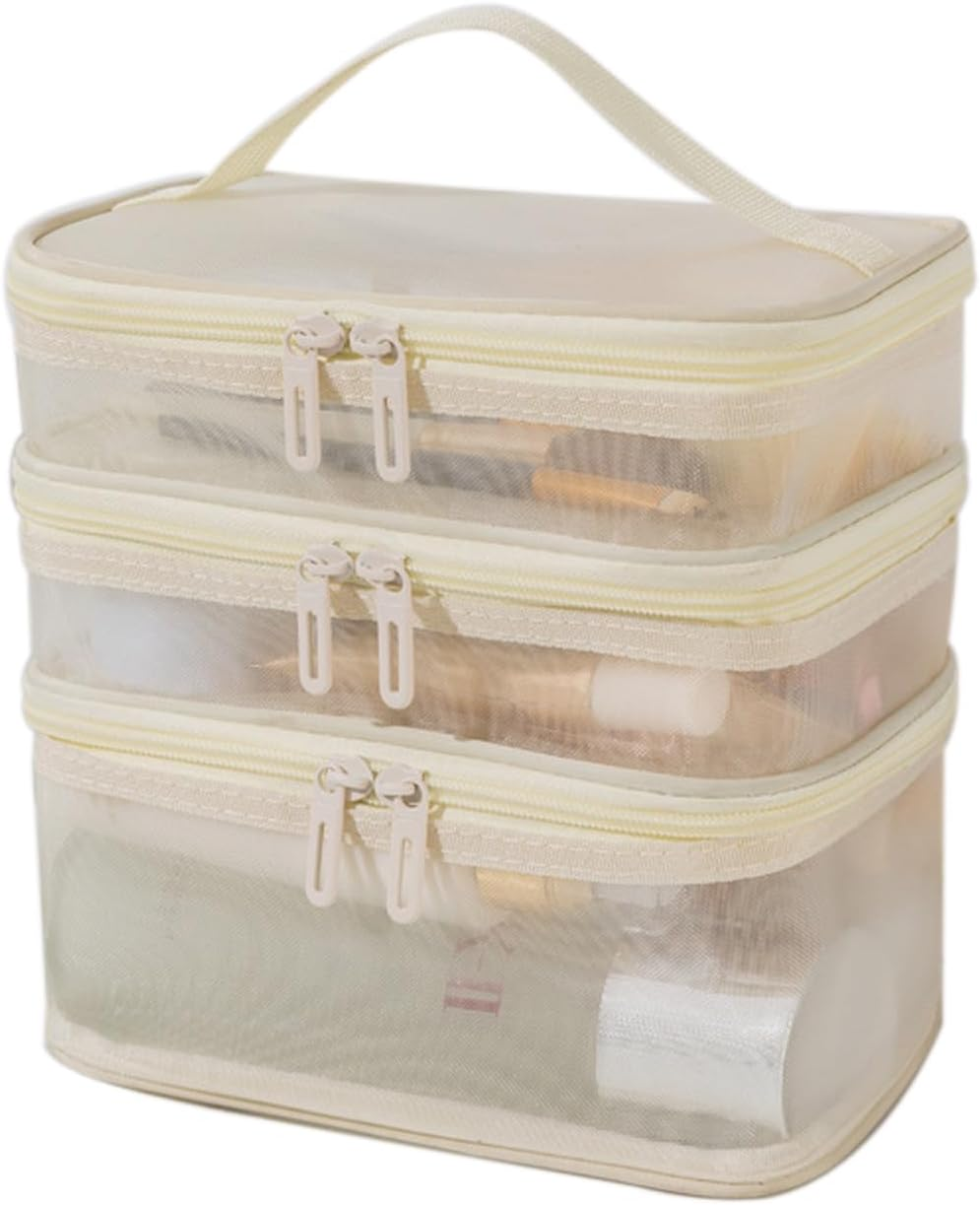 TRADERPLUS Triple Double Layer Travel Makeup Bag Mesh Bag for Women Cosmetic Cases Make up Organizer Toiletry Bags (Black)